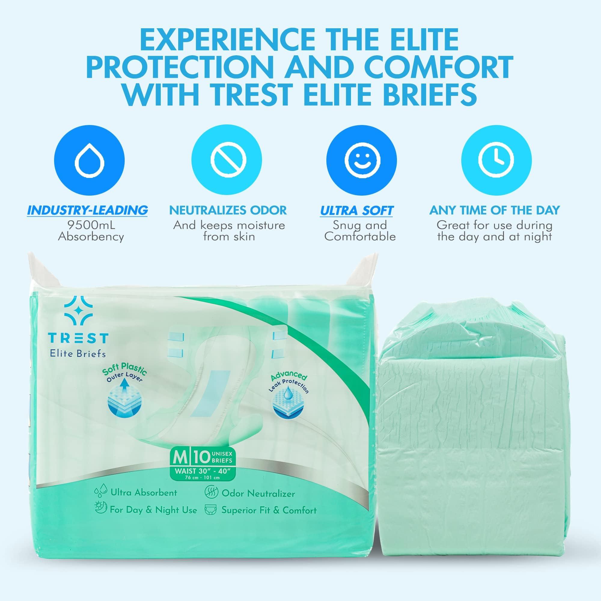 Trest TREST Elite Briefs for Men and Women, Overnight Diapers for Incontinence, Elite Absorbency, Comfortable, Odor Neutralizing and Secure Fit with 2 Wide Tabs - Green, Medium (Pack of 10)