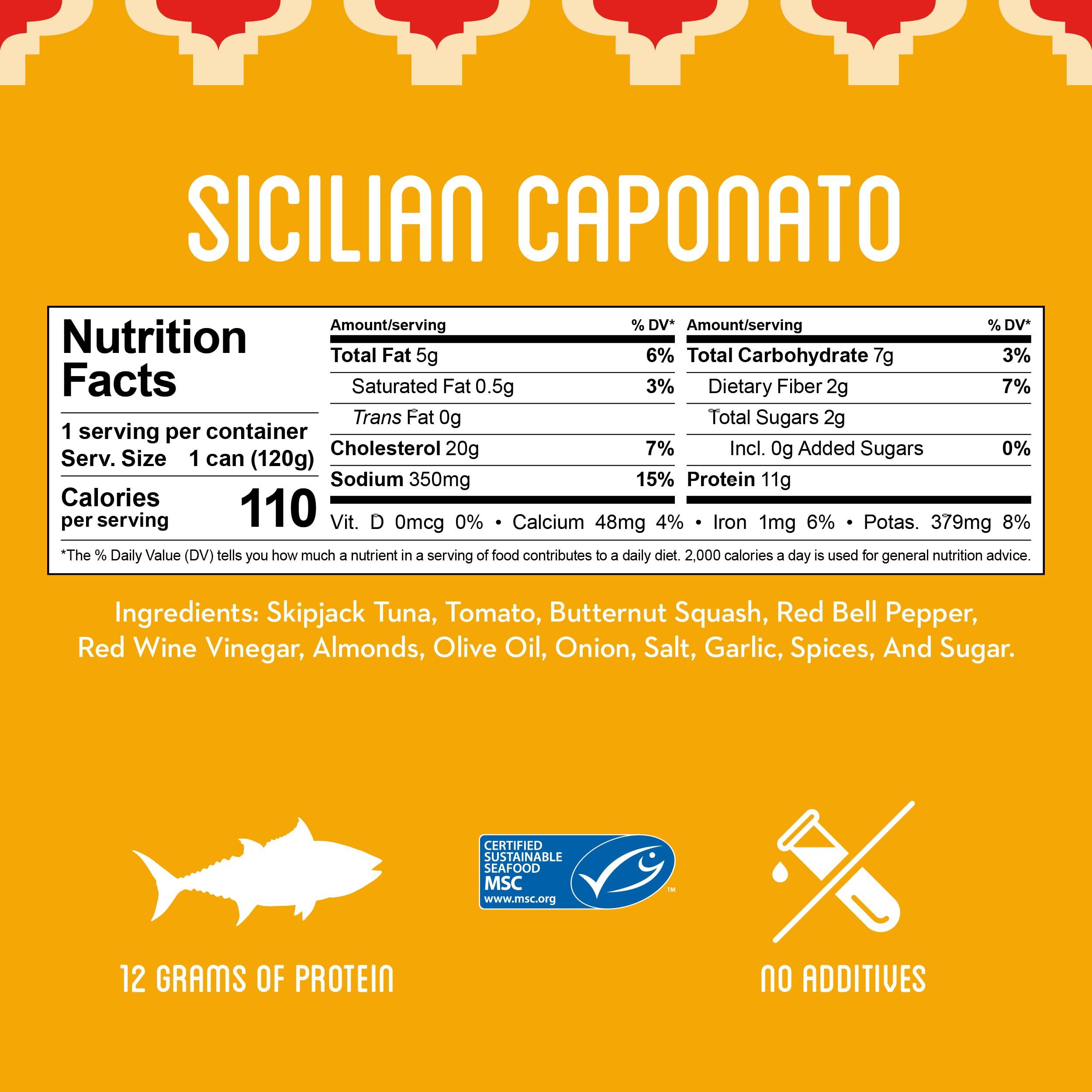 Freshé Fresh Gourmet Canned Tuna (Sicilian Caponata, 10 pack of 4.25 oz. tin) Freshly Packaged Skipjack Tuna Fish - Sustainably Caught - Perfect Gluten Free, High Protein Backpacking Food