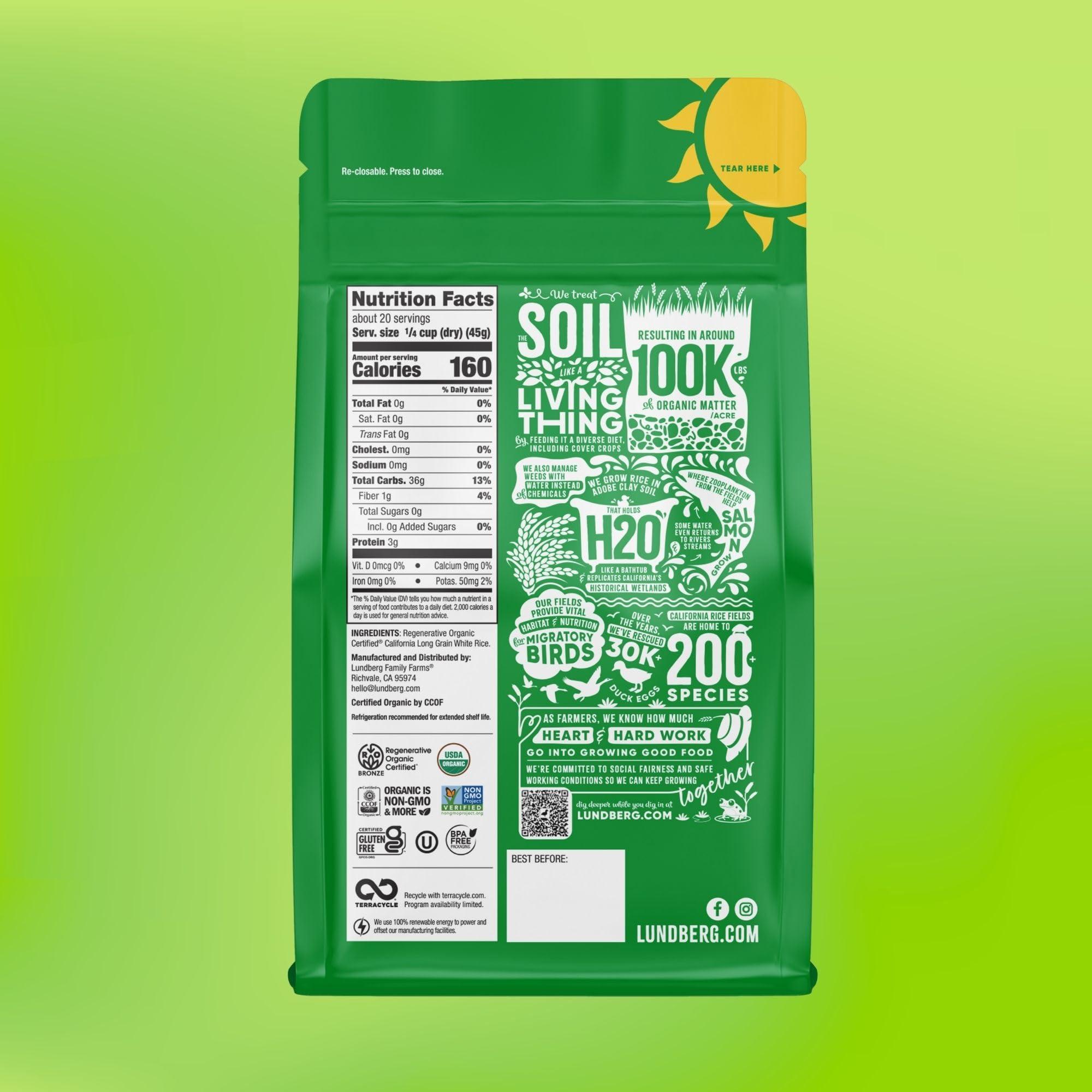 Lundberg Lundberg White Rice, Regenerative Organic Certified Non-Sticky, Aromatic Long Grain Rice, Responsibly Grown in California, 32 Oz