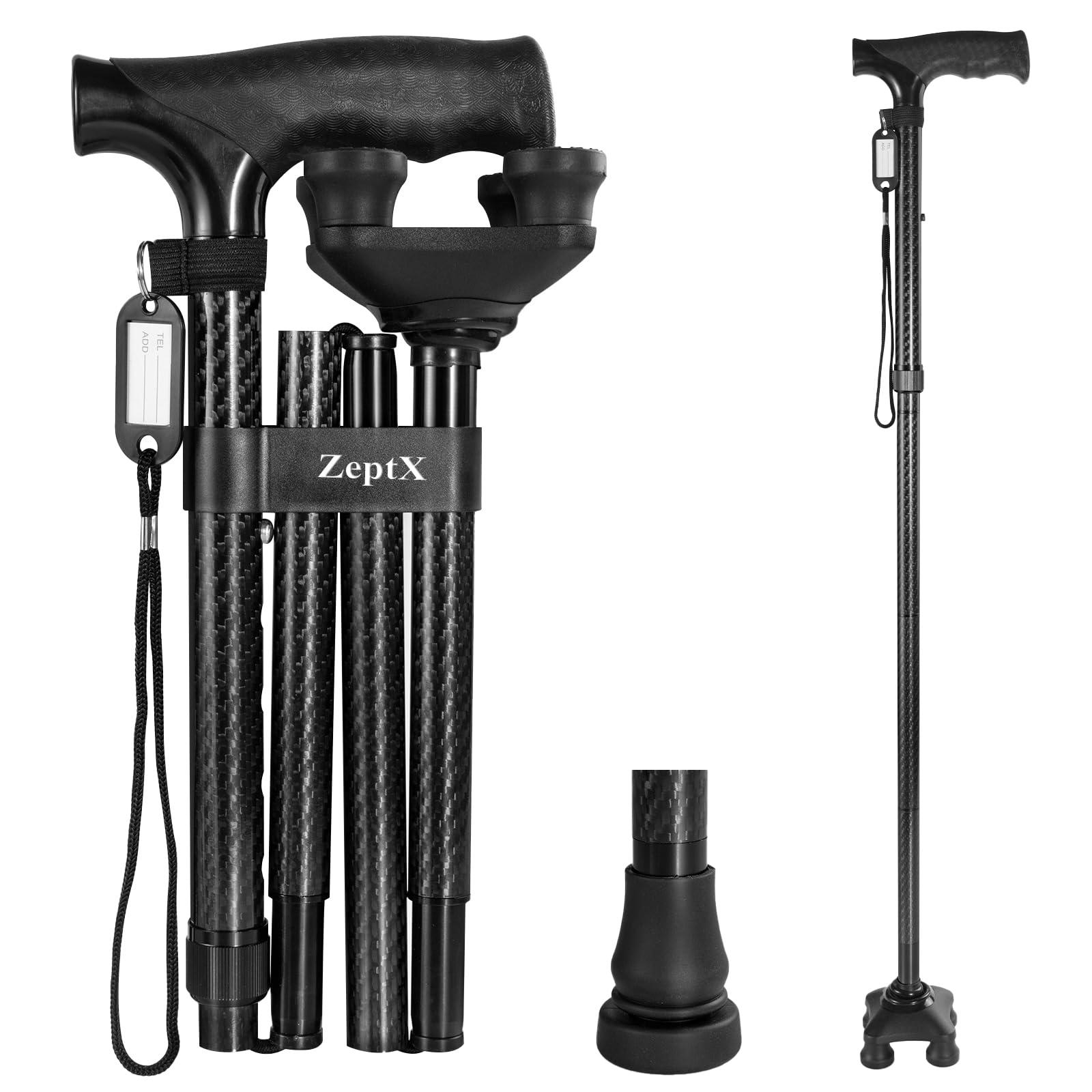ZeptX ZeptX Folding Walking Quad Cane for Men and Women,Collapsible Ultra Lightweight Sturdy Height Adjustable Nonslip Rubber Tips Walking Canes,Collapsible Walking Sticks for Seniors & Adults [Black]