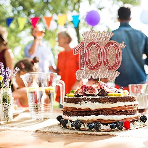 HEYUWING Pink Glitter Happy 100th Birthday Cake Topper Crystal Rhinestones Theme Decor Supplies Woman Man Happy Birthday Party Decorations
