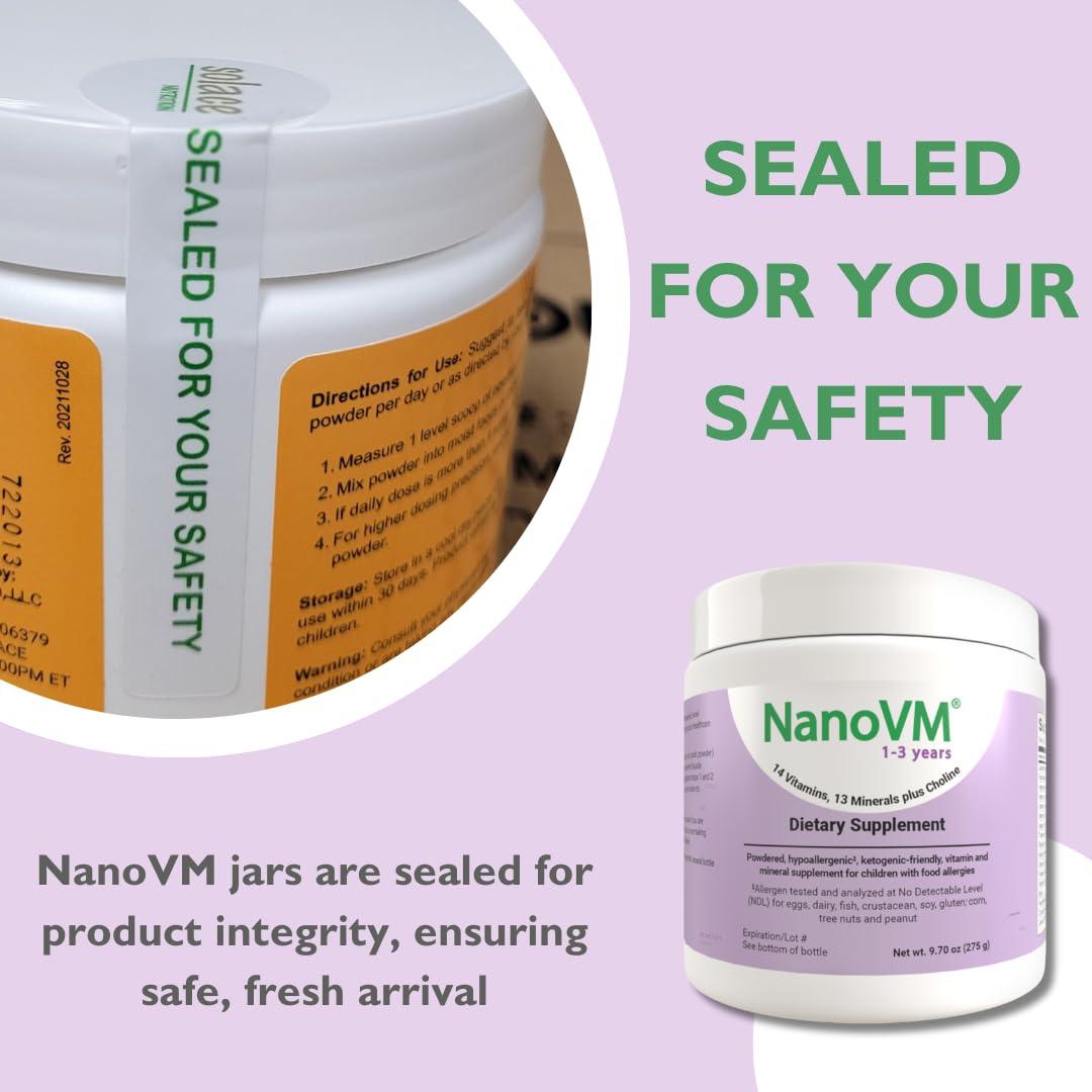 NanoVM NanoVM 1-3 Years, Allergen-Free Multivitamin for Kids, Unflavored Dietary Supplement, Powdered Supplement with 14 Vitamins & 13 Minerals, Low-Carbohydrate Toddler Vitamins, 275g - Solace Nutrition