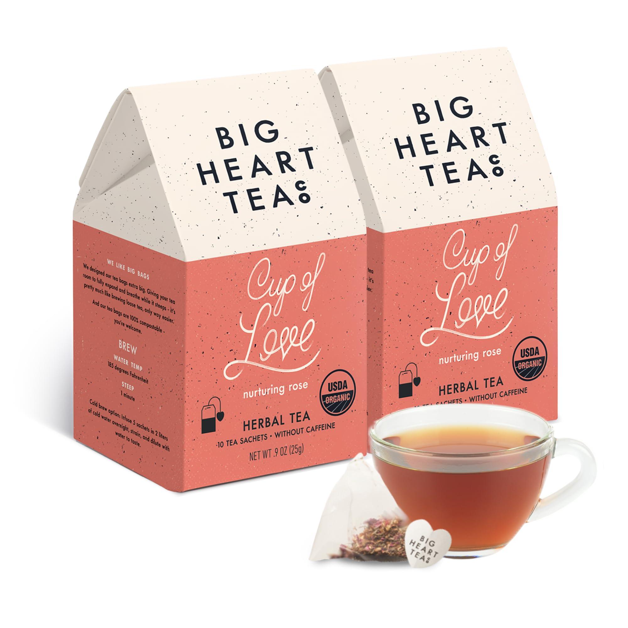 Big Heart Tea Co. Big Heart Tea Co. Tea Bags - Cup of Love Red Rose - Certified Organic, Floral Ayurvedic Herbal Decaf Tea in Zero Plastic Sachets with Small Batch Ground Herbs, Adaptogenic Tulsi, 2 Boxes - 20 Tea Bags