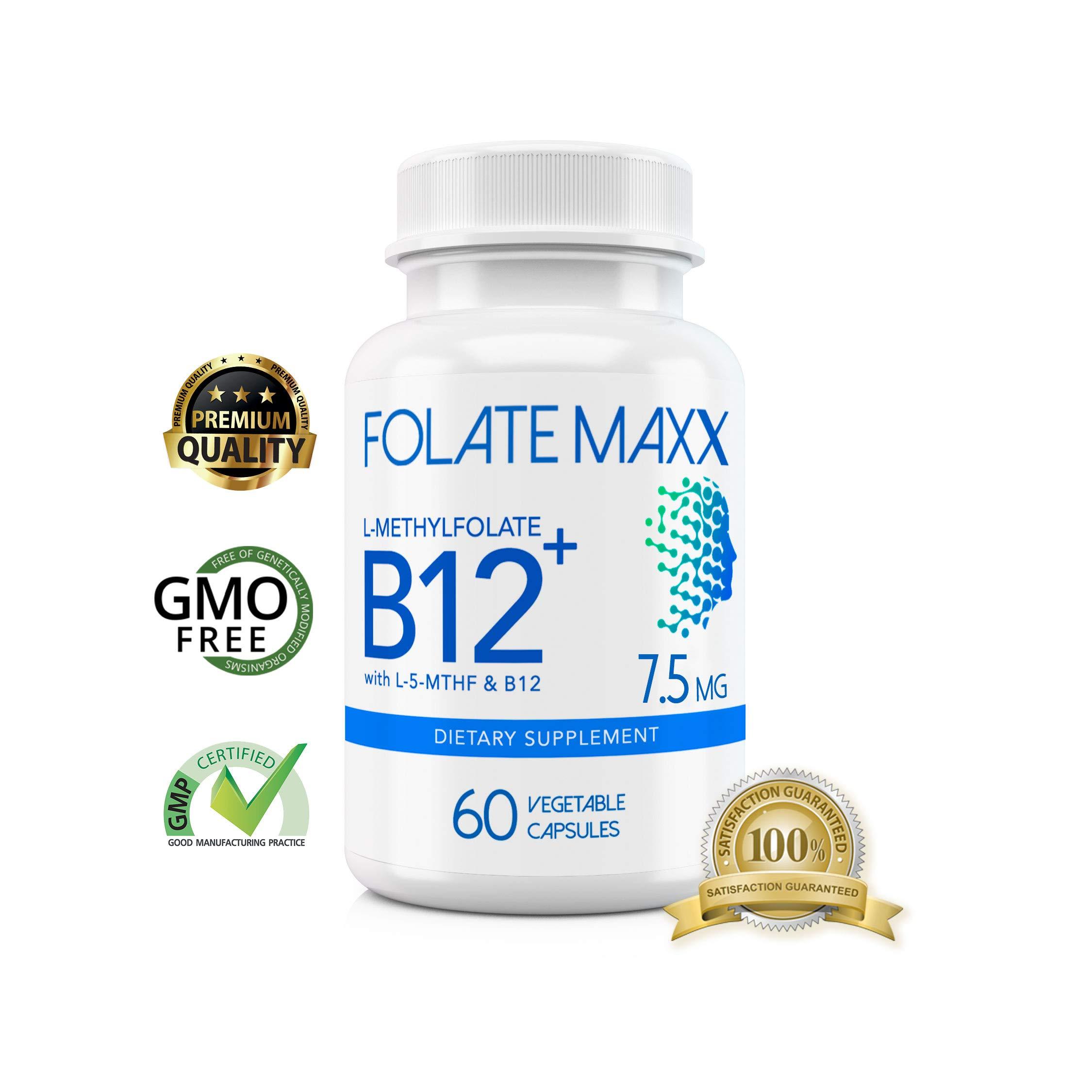 FOLATE MAXX FOLATE MAXX FolateMaxx L-Methylfolate + B12 Methylcobalamin Blend 7.5mg - 60 Capsules - Active Folic Acid & Methylated B12-5-MTHF & B12 Supplement for Men & Women - Non GMO, Gluten Free, No Fillers