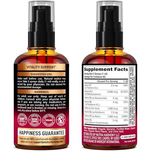 NUTRAHARMONY USDA Organic Vitamin B-Complex Liquid Spray 8-in-1 - B5 Pantothenic Acid | B12 Methylcobalamin | B1 Thiamine | B6 Pyridoxine | B7 Biotin | B9 Folic | B3 Niacinamide - Made in USA Supplement, 2fl oz