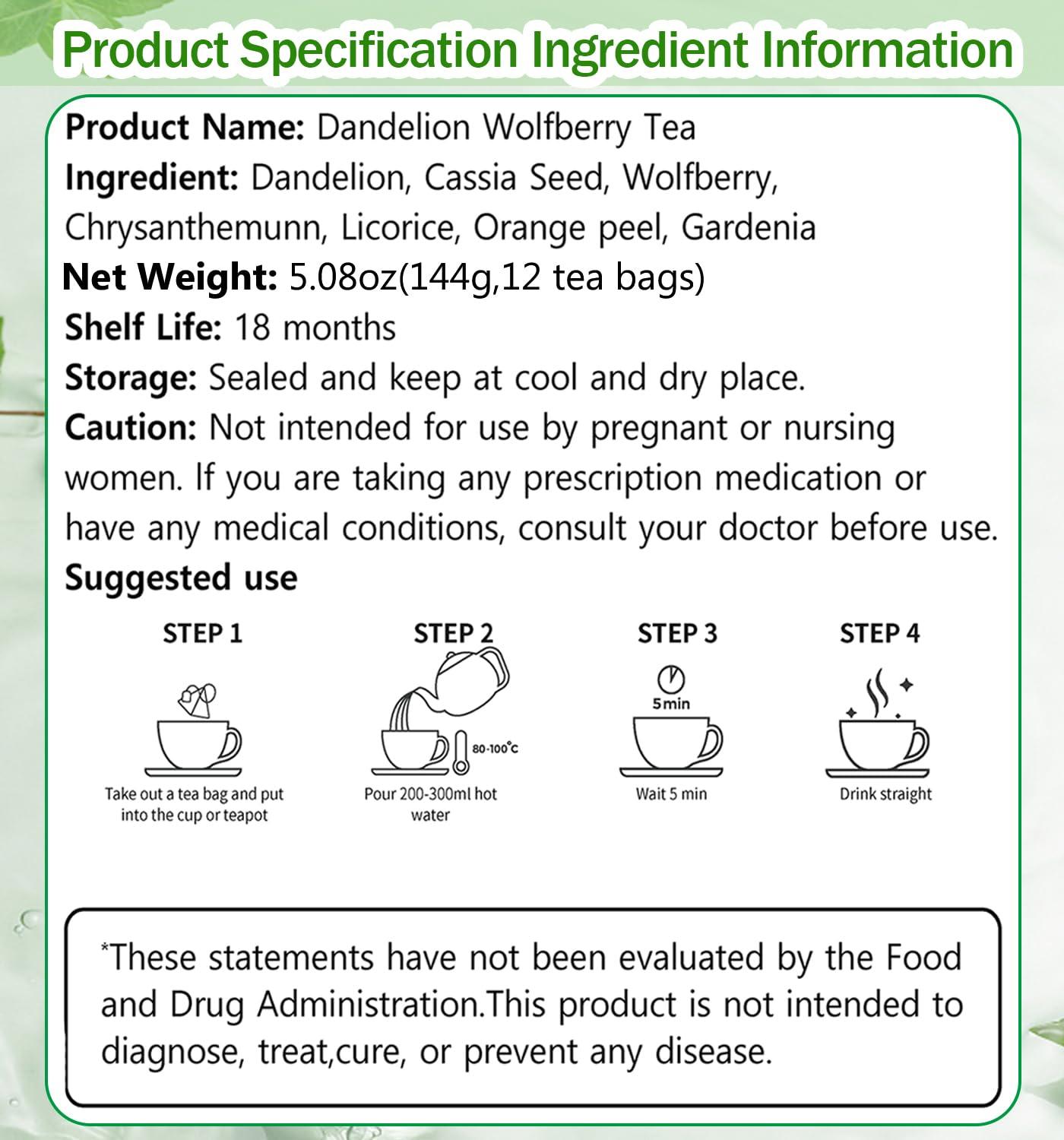 Rlvym Dandelion Wolfberry Tea, Kidneys & Liver Health, Seven Natural Herbal Ingredients Kidney Tea, Organic Dandelion Root Tea, Goji Berry Chrysanthemum Tea (144g, 12bags)