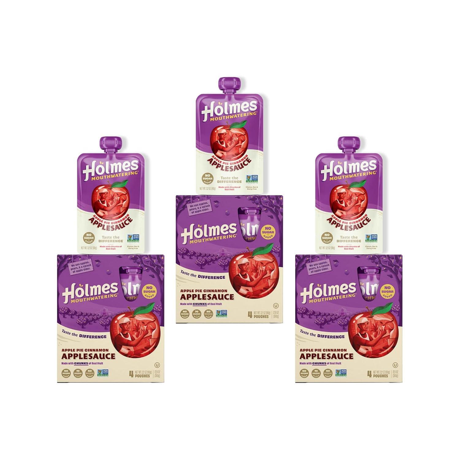 Holmes Mouthwatering Applesauce Squeeze Pouch, Organic Cinnamon Applesauce Pouches with Real Chunks of Fruit, No Artificial Flavors Fruit Snack (Apple Pie Cinnamon, 12 Pack of 3.2 oz)