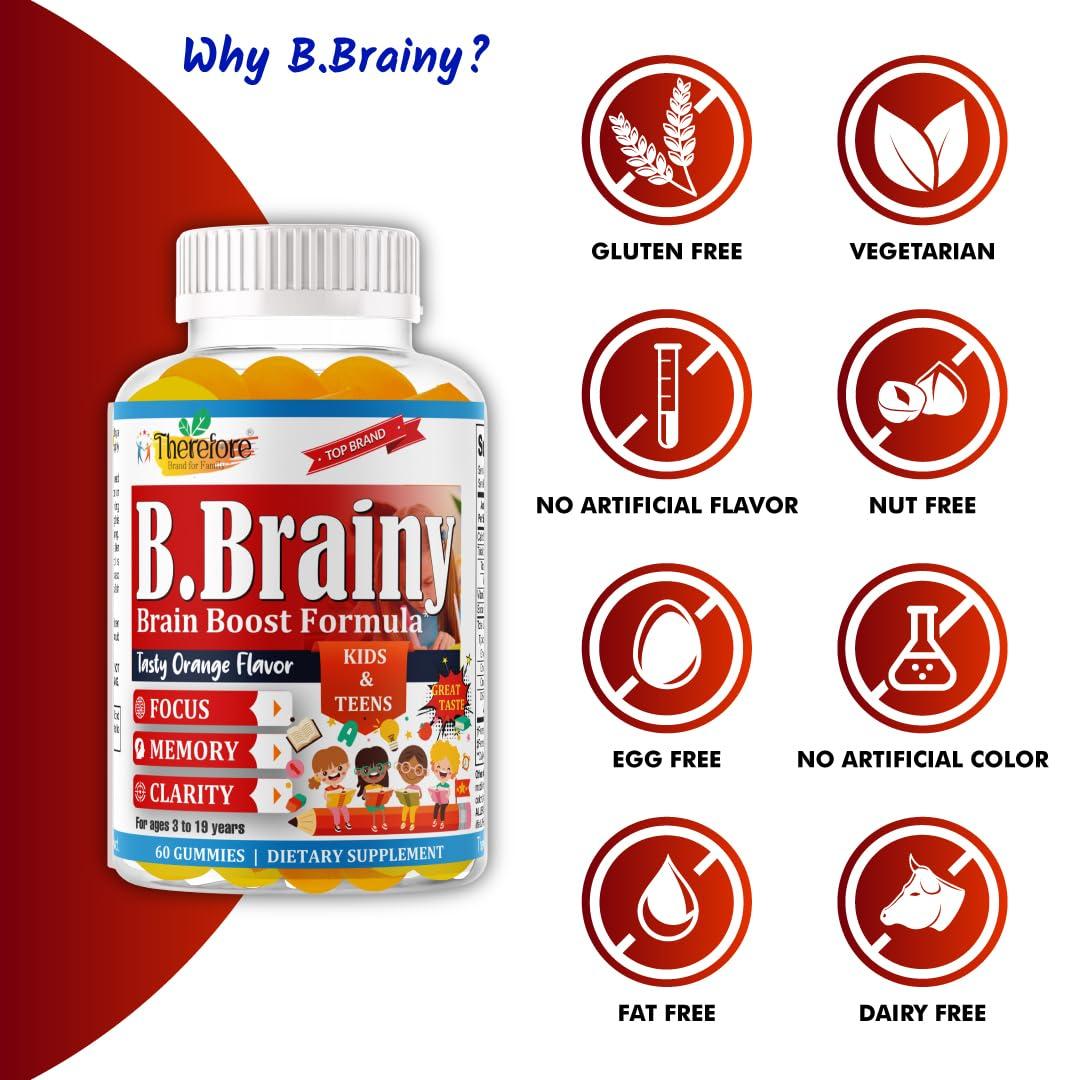 Therefore B.Brainy Brain Focus Gummies for Kids & Teens, Attentive Child Supplement, Brain Focus Vitamins for Kids & Teens, Vegan Omega 3 EPA/DHA, Support Memory, Clarity, Concentration, Low Sugar 60 Gummies