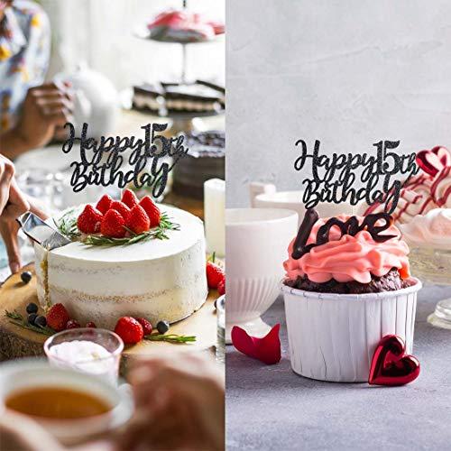 MAGJUCHE 15 Black Glitter Happy 15th Birthday Cake Topper, Birthday Party Cake Topper Decorations, Supplies