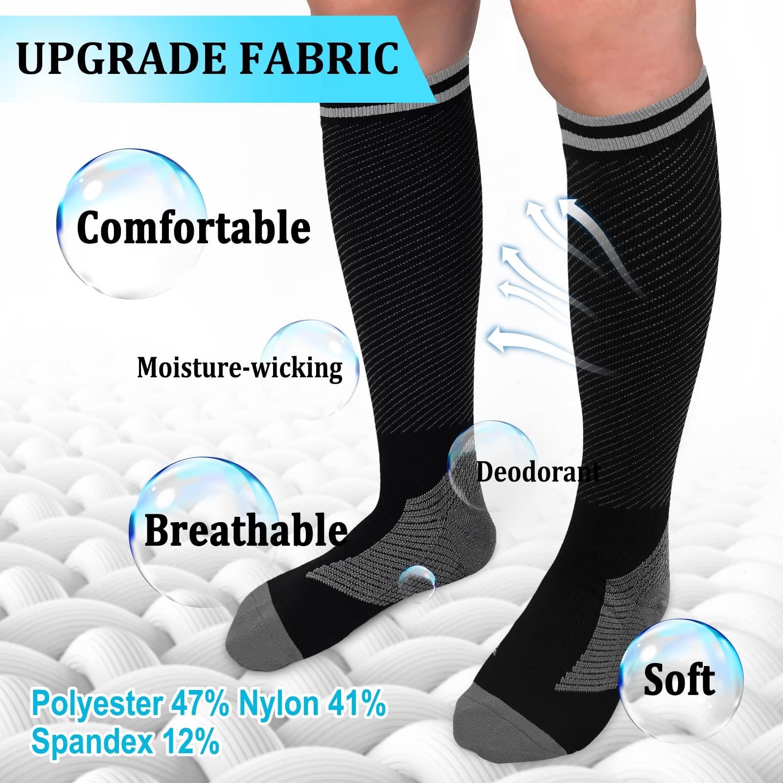 Hi Clasmix 30-40mmHg Medical Graduated Compression Socks for Women&Men Circulation-Compression Stockings-Knee High Socks for Support,Hiking,Running(2 Pack Strip Black Grey,L-XL)