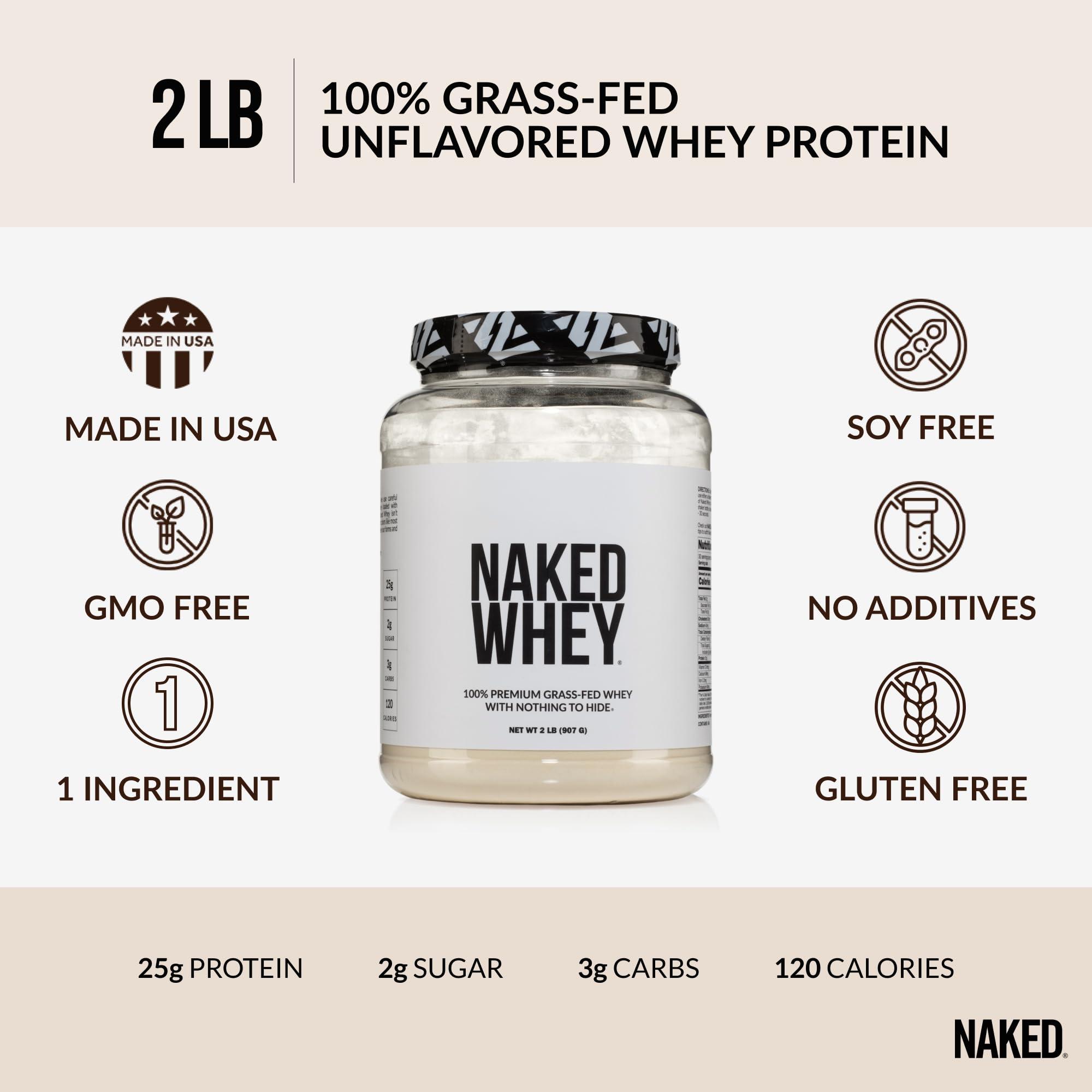 NAKED NAKED Whey 2LB 100% Grass Fed Whey Protein Powder - Only 1 Ingredient, Unflavored Whey Protein, Undenatured, Gluten Free, Soy Free, No GMOs, No Preservatives