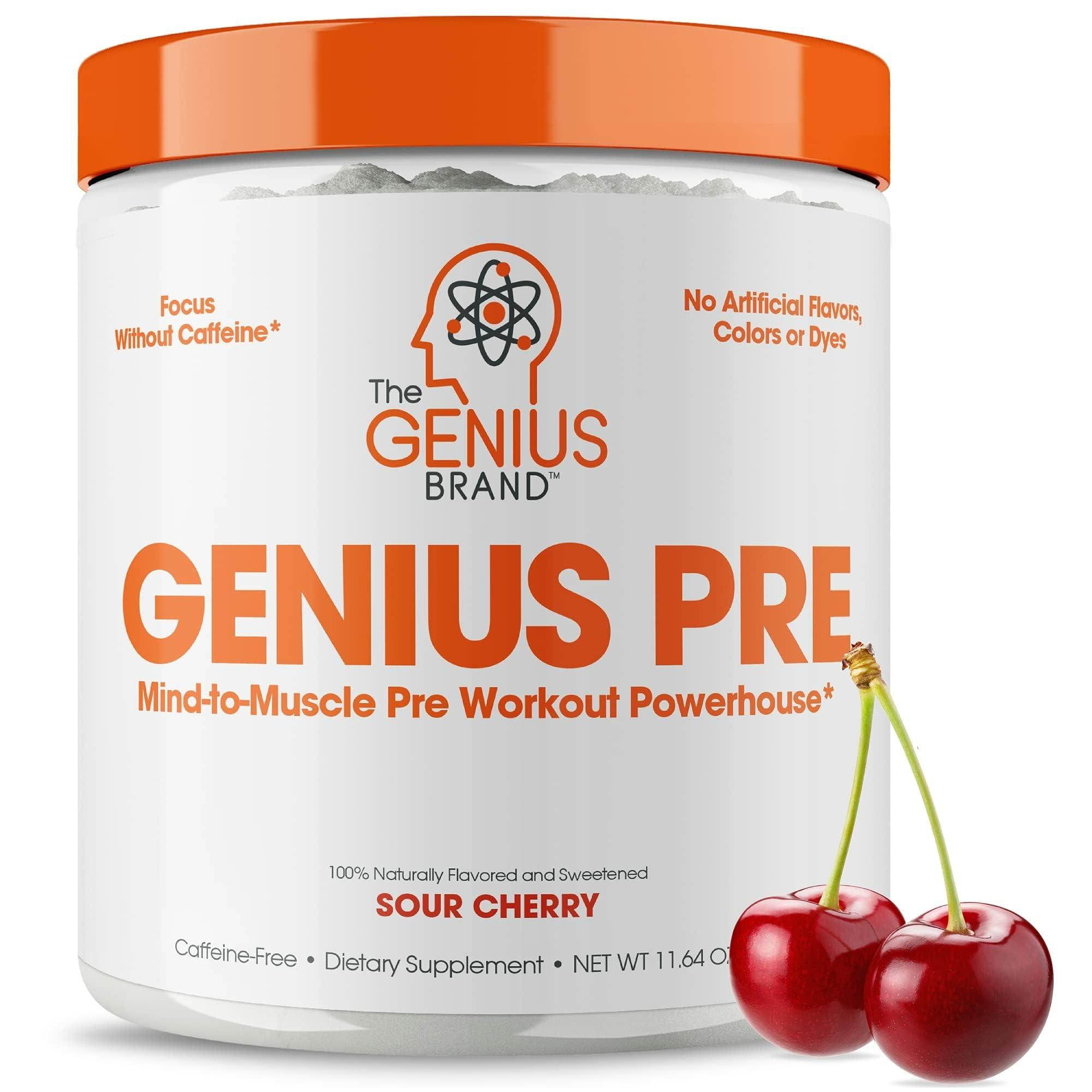 The Genius Brand Genius Energized Pre Workout Powder, Sour Cherry - Caffeine Free Pre-Workout Booster Supplement with Beta Alanine & Alpha GPC - No Artificial Sweetener or Dyes