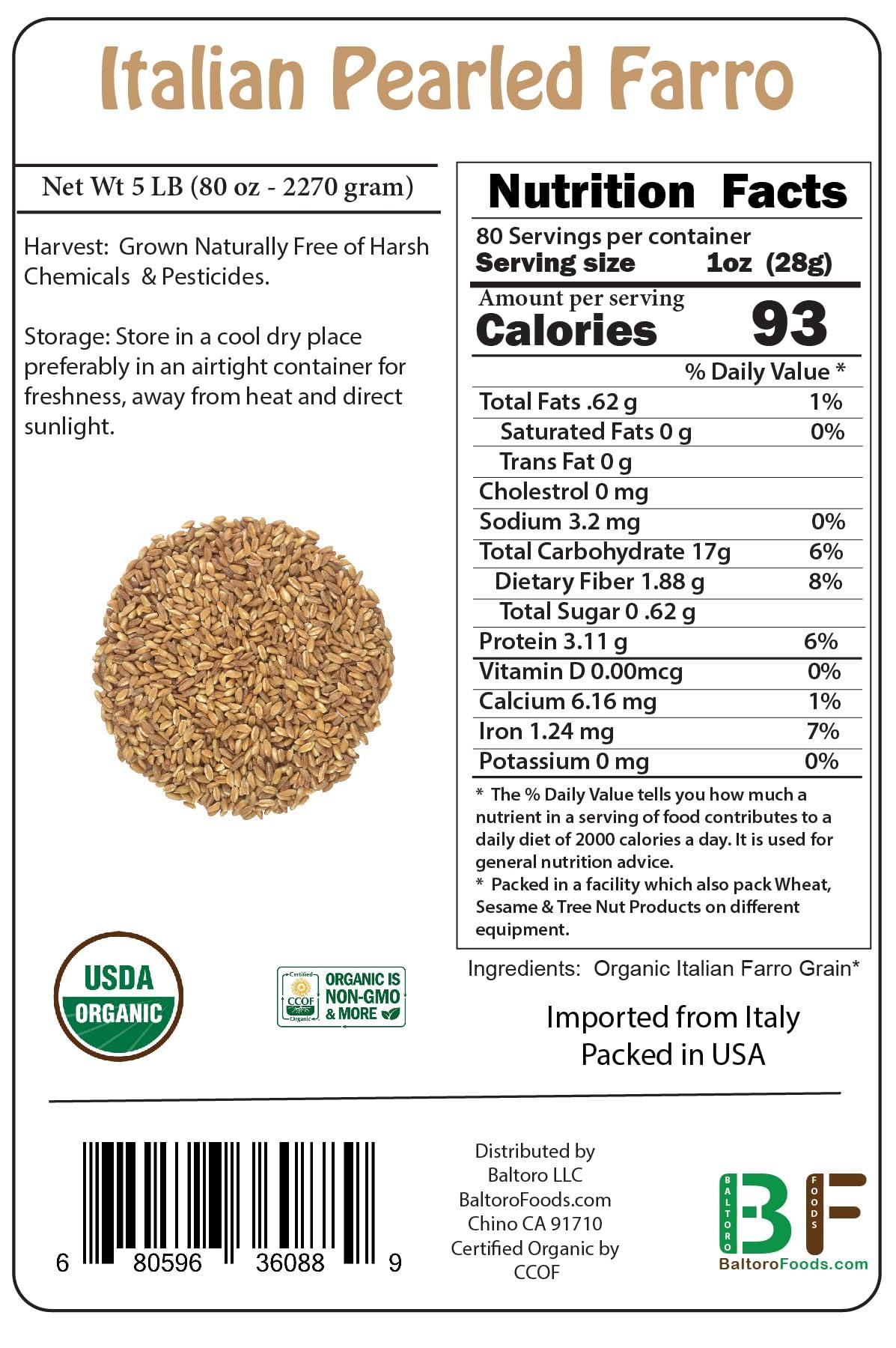 BALTORO FOODS Organic Italian Pearled Farro - Imported, Raw, Non-GMO, Vegan, Bulk, Protein, Fiber Rich (1LB)