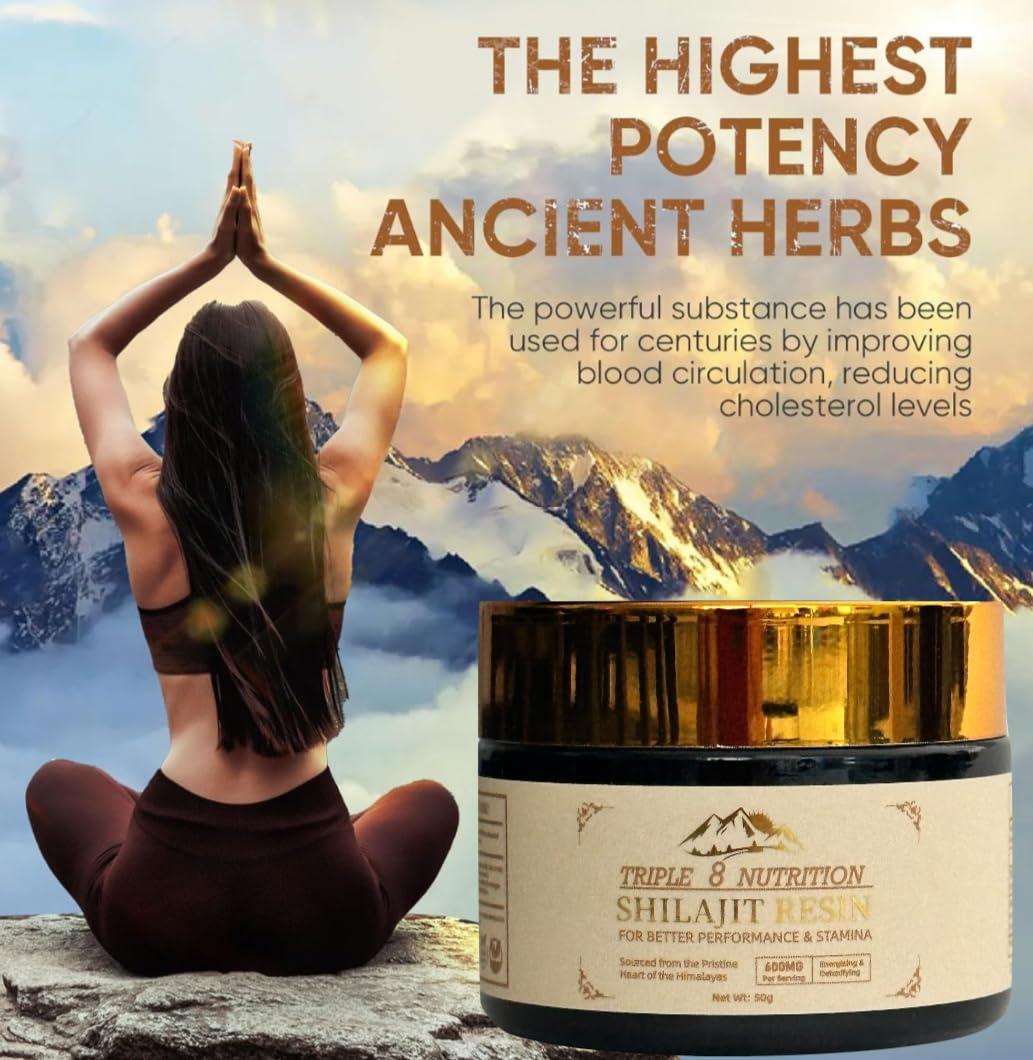 Triple 8 Nutrition Shilajit Resin 50g Bottle Absolutely Pure Wild Himalayan Authentic Natural Organic Fulvic Acid and 85+ Trace Minerals Most Potent for Men and Women Third Party Lab Tested ISO: 17025 Accredited USA