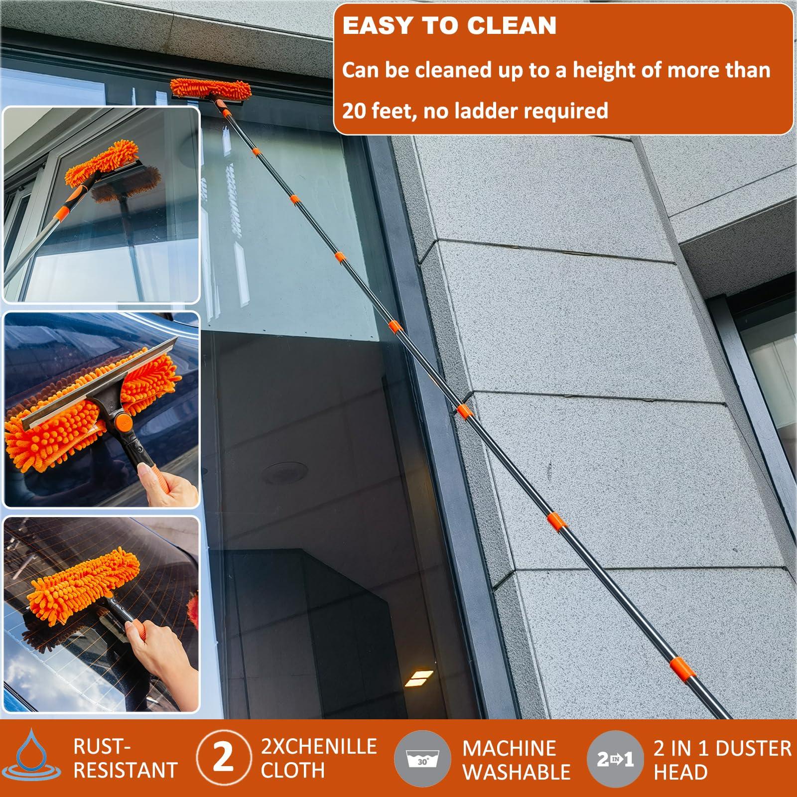 Tonmp 20+ Feet High Reach Duster Kit with 3-14 ft Extension Pole // High Ceiling Dusting and Window Cleaning Kit with Spliceable Pole - Window Washer & Squeegee, Cobweb Duster, Fan Blade and Feather Dusters