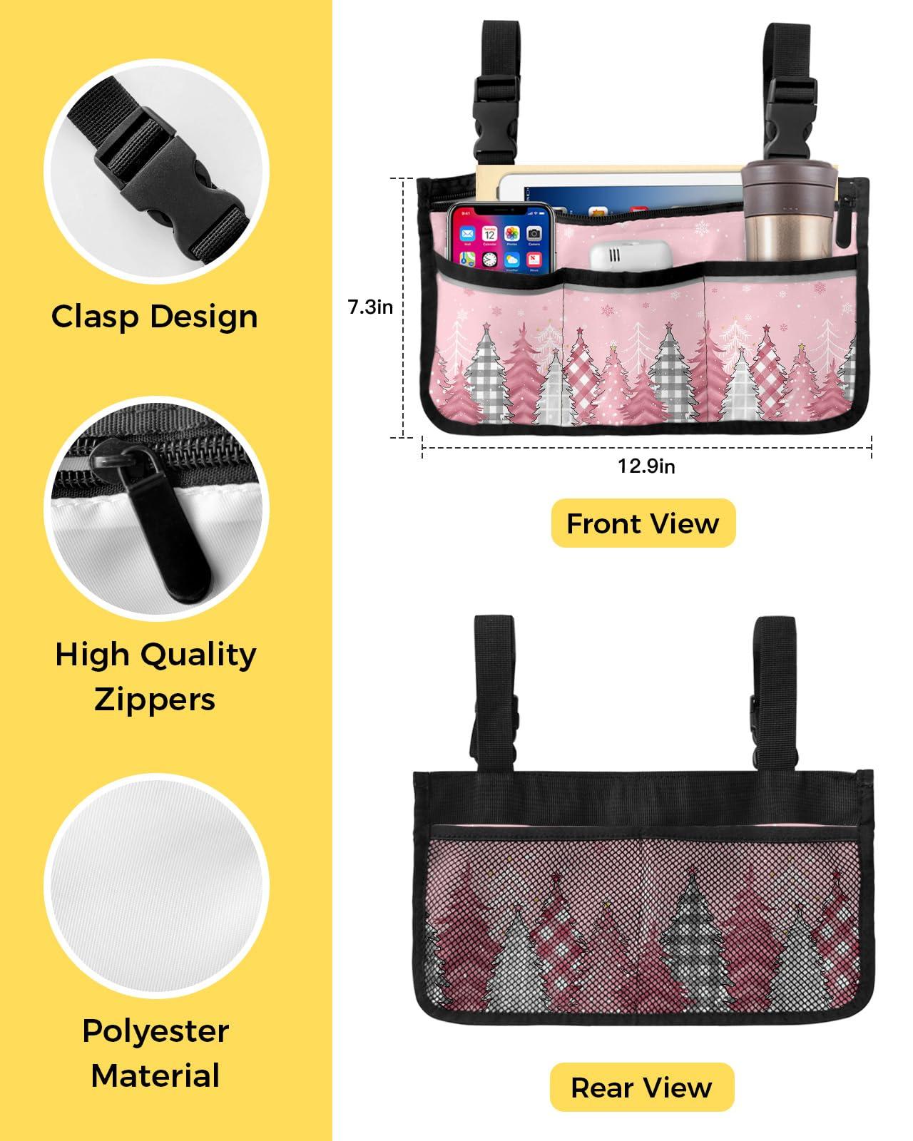 Sabolny Blush Pink,Wheelchair Side Bag, Wheelchair Walker Armrest Bags with Cup Holder & Reflective Stripes, Mobility Scooter Walker Rollator Wheelchair Accessories Christmas Pine Tree Lattice Dots