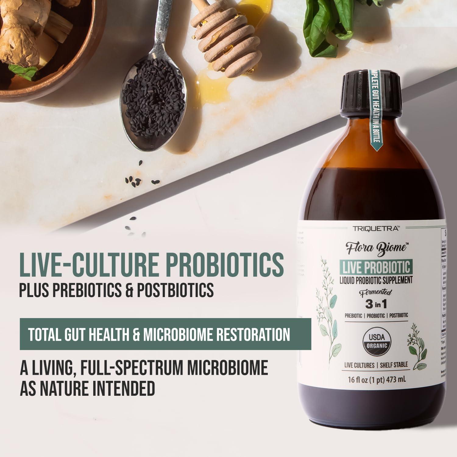 Triquetra Health Flora Biome - Live Probiotic, Prebiotic, & Postbiotic Organic Live-Culture 10 Probiotic Strains, 18 Fermented Herbs - Complete Gut Health & Microbiome Optimizer (16 oz)