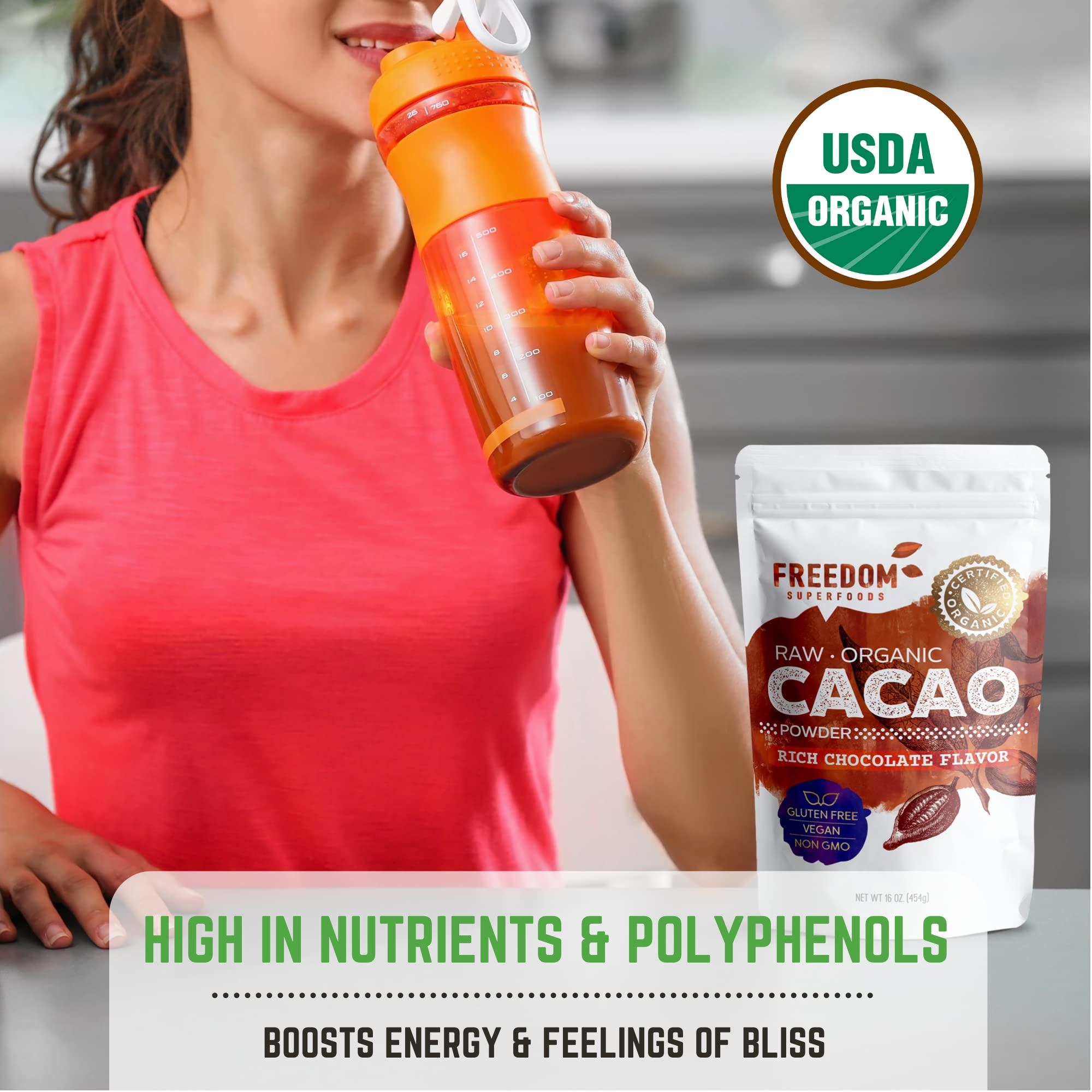 Freedom Superfoods Cacao Powder Organic Raw - Natural Unsweetened Cocoa - Rich Dark Chocolate Taste - Make Sugar-Free, Vegan, Keto & Gluten-Free Hot Chocolates and Recipes - 1lb/ 16oz