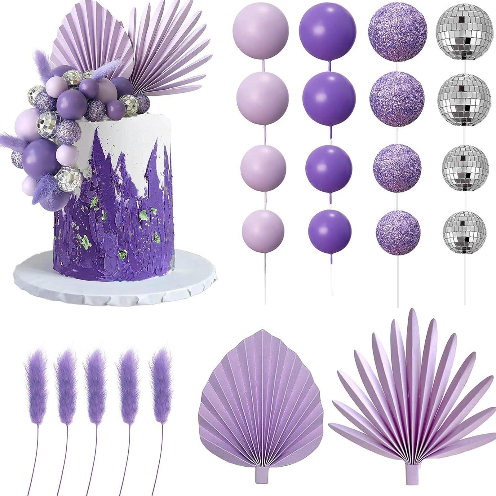 ICNYEKl ICNYEKl 38 Pcs Purple Cake Decorations,Disco Ball Balloons Cake Topper Wedding,Palm Leaves Boho Cupcake Toppers for Anniversaries,Baby Showers,Birthday Cake Decoration Supplies