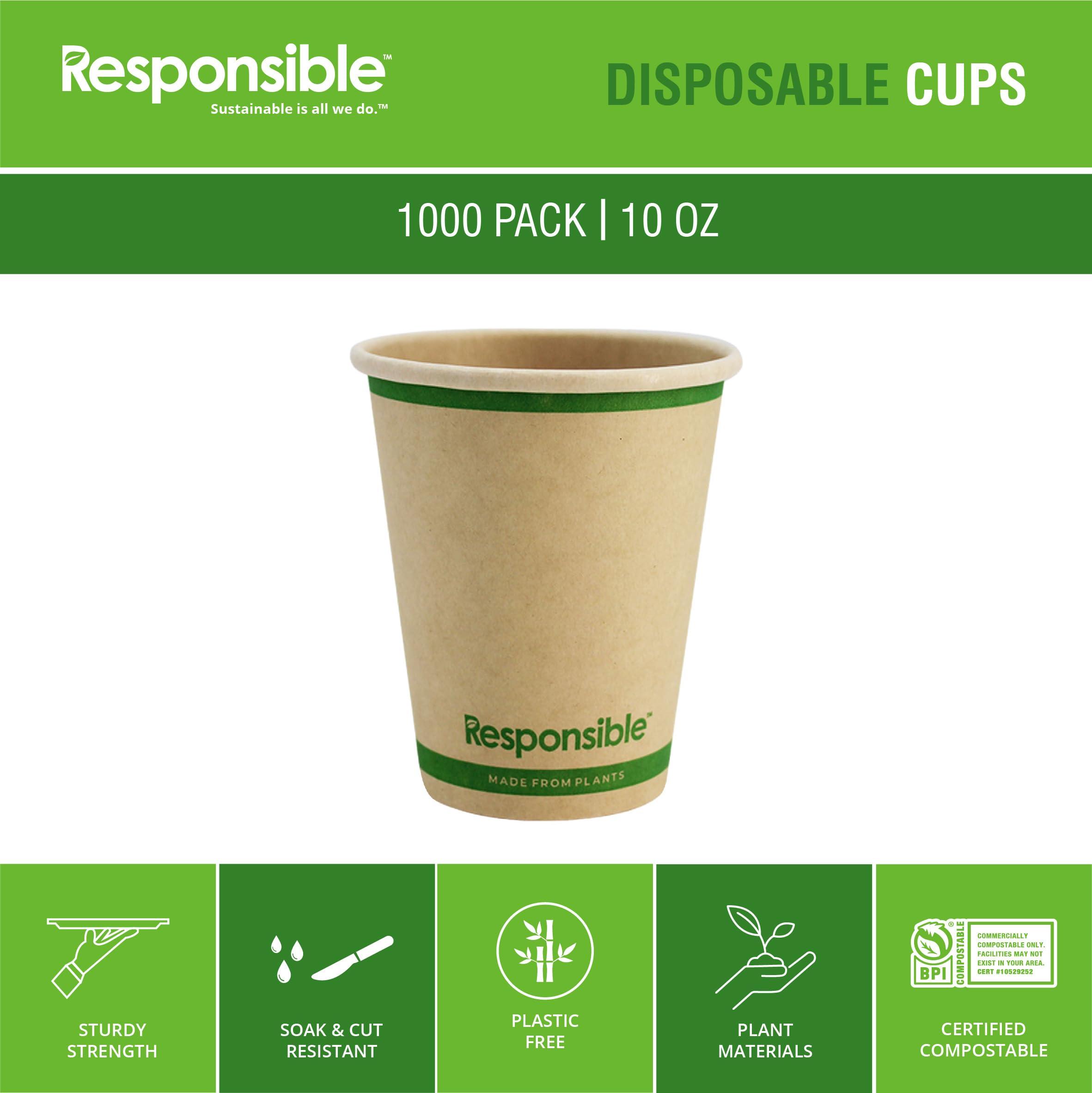 Responsible Products Responsible Products 10 oz Paper Hot Cups, Tree-Less Compostable Paper Coffee Cups, Extra Strength, Tree-Free and Made Without PFAS, Natural Brown (1000 Count)