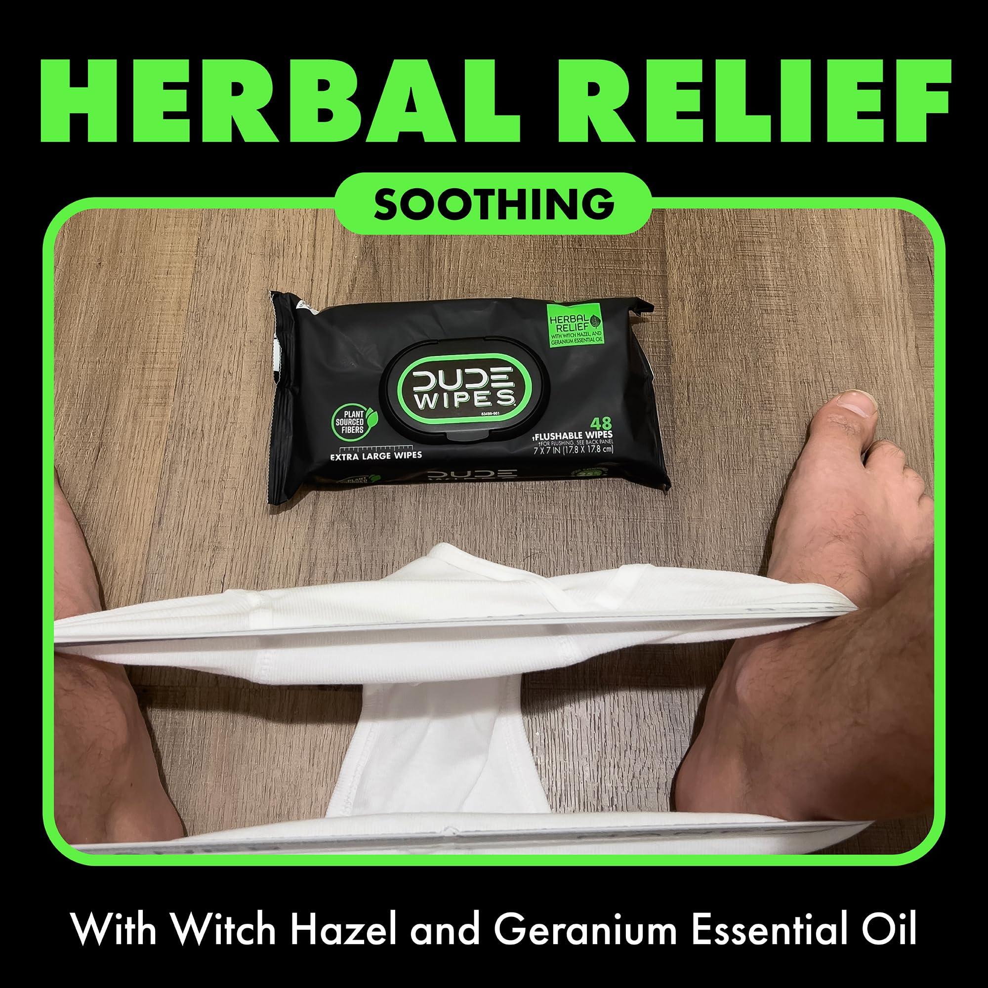 Dude DUDE Wipes - Flushable Wipes - 3 Pack, 144 Wipes - Herbal Relief Extra-Large Wet Wipes - With Hazel & Geranium Essential Oils - Septic and Sewer Safe Butt Wipes For Adults