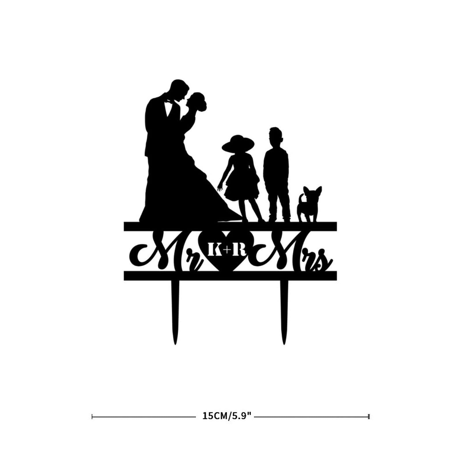 NoneQeleve Funny Wedding Cake Toppers Bride And Groom with Kids Dogs,Mr And Mrs Personalized Cake Topper Family of 4,Custom Initial Cake Topper,Funny Cake Topper for Special Event