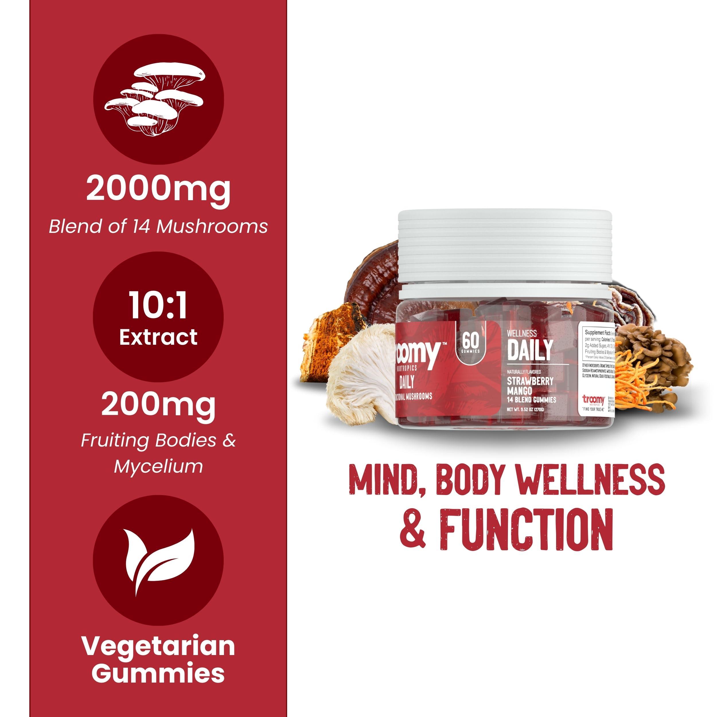 Troomy Nootropics Troomy Daily 14 Mushroom Blend Gummies - Great Tasting Natural Mango Strawberry Flavor, Gelatin-Free, Gluten-Free, Vegetarian - 60 Count