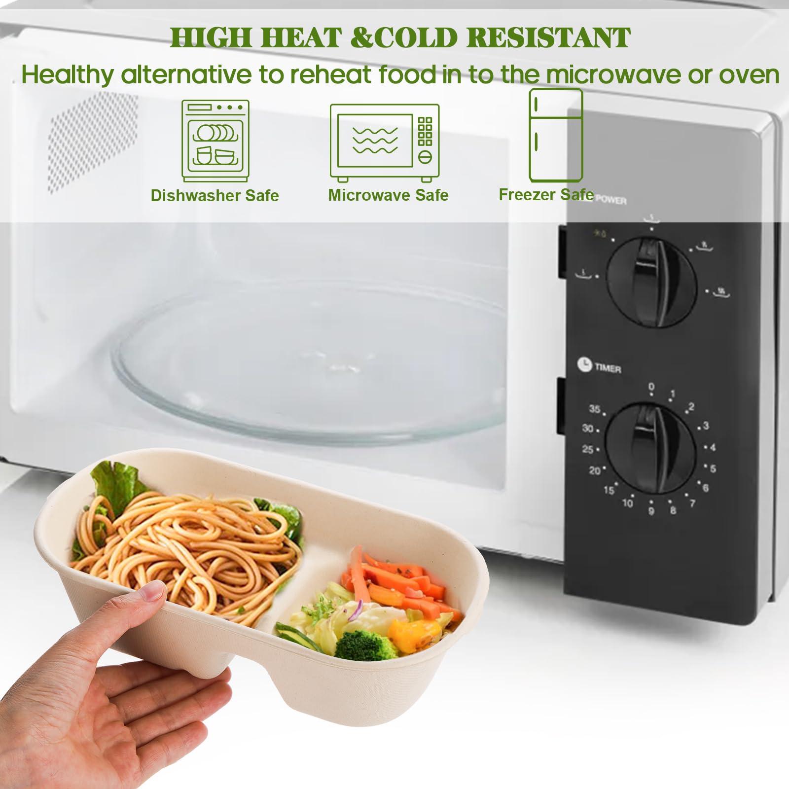 Yesland Yesland 50 Pcs Compostable Take Out Food Containers with Lid, 33 oz Bagasse to Go Container 2 Compartment Rectangular Disposable Paper Bowl, Meal Prep Food Container for Salad Leftovers