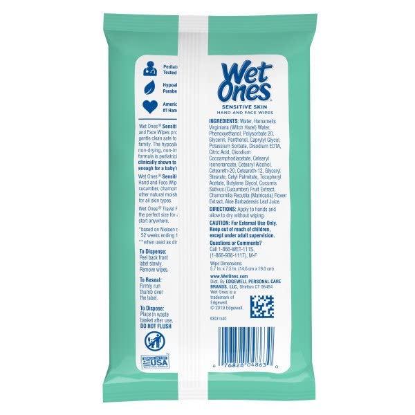 Wet Ones Wet Ones Wipes for Hands & Face, 20 Count Travel Pack (Pack of 5) 100 Wipes Total (Sensitive)