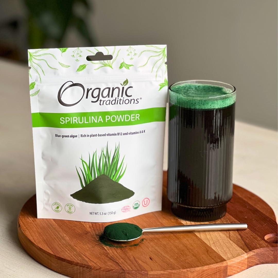 Organic Traditions Organic Traditions Organic Spirulina Powder Vegan Non-GMO Superfood, 5.3oz (150g) Bag, 50 Servings per Bag