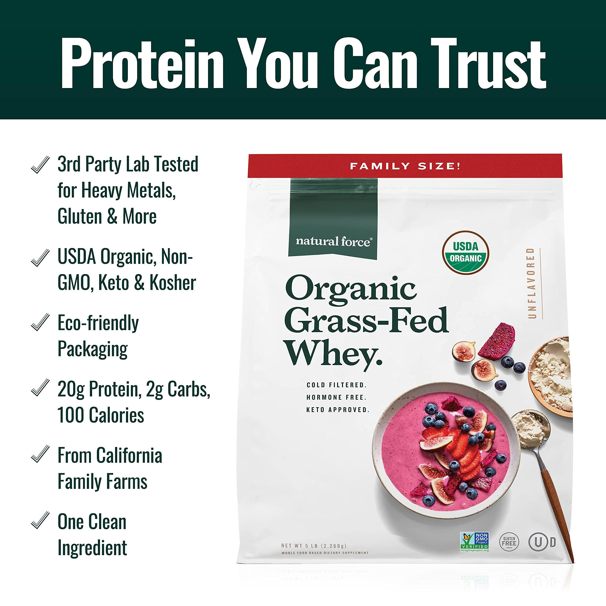 Natural Force Natural Force Grass Fed Organic Whey Protein Powder Non GMO Verified, Humane Certified & Lab Tested for Toxins Pure & Unflavored Keto Friendly, Low Carb, and Kosher 5 Pound A2 Protein