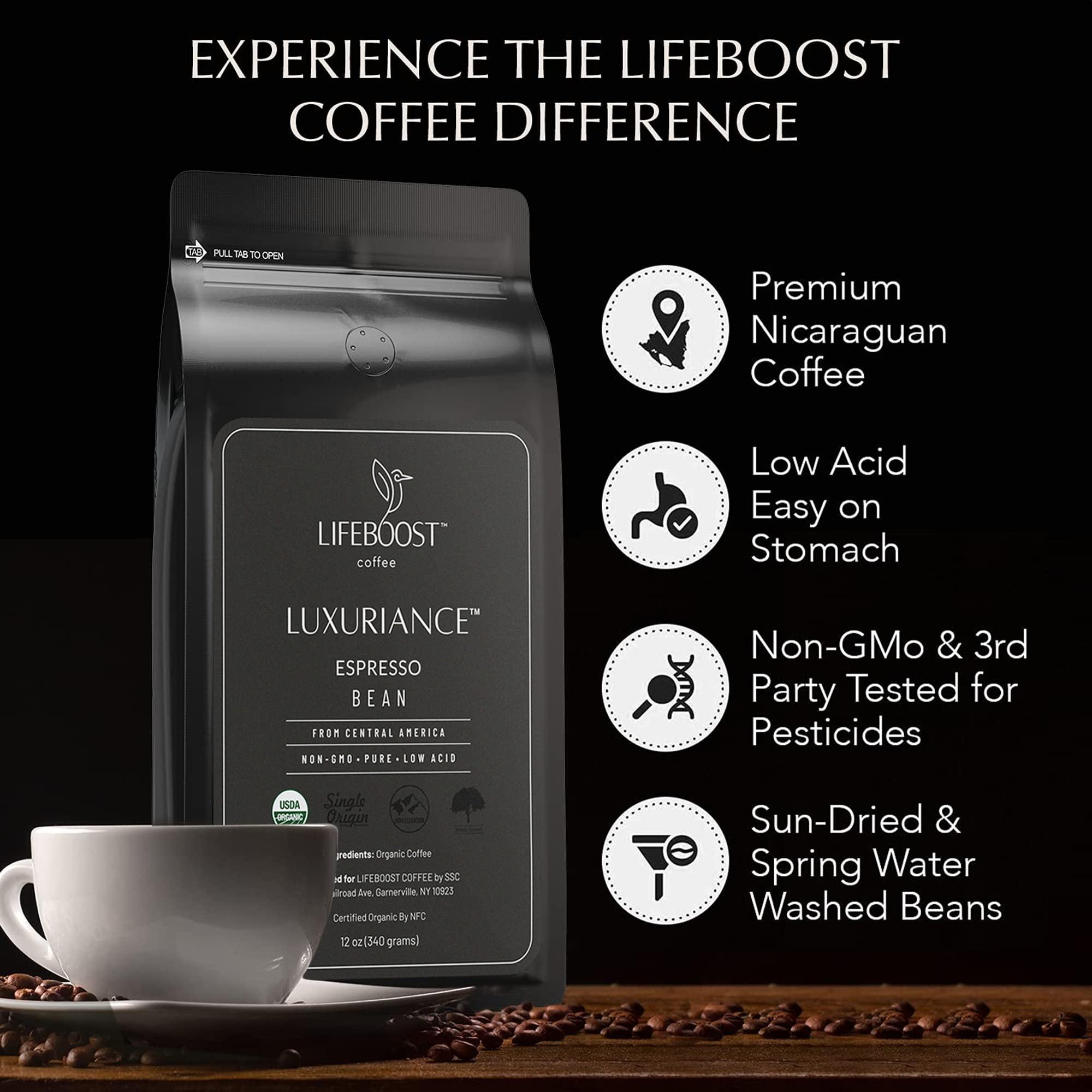 LIFEBOOST Lifeboost Coffee Espresso Whole Beans Coffee - Low Acid Single Origin USDA Organic Coffee - Non-GMO Espresso Coffee Third Party Tested For Mycotoxins & Pesticides (Espresso Whole Bean 12oz x 3 pack)