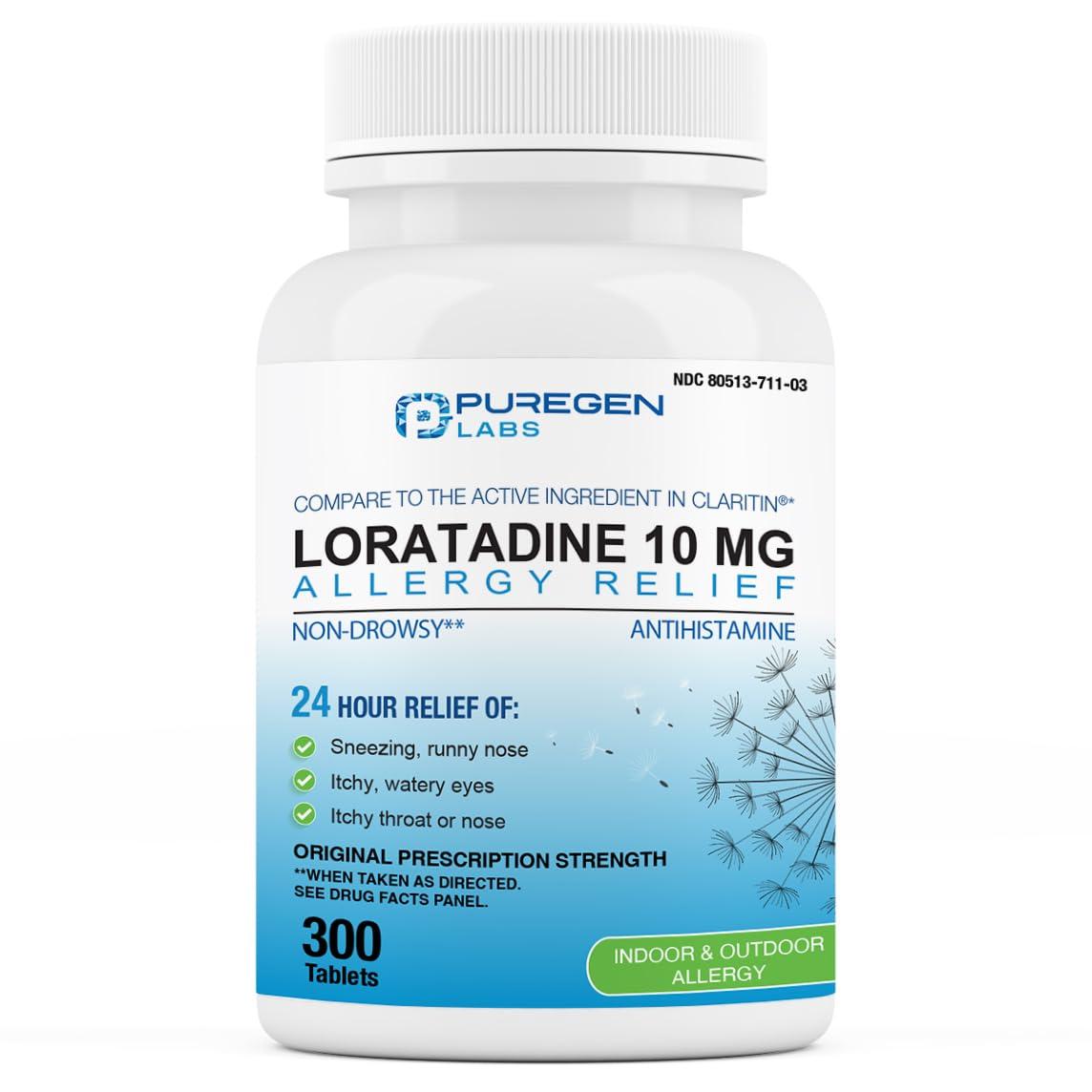 P Puregen Labs Puregen Labs Allergy Relief, Loratadine 10mg, 300 Tablets 24 Hour Non-Drowsy Antihistamine Allergy Medicine for Runny Nose, Sneezing, Itchy, Watery Eyes