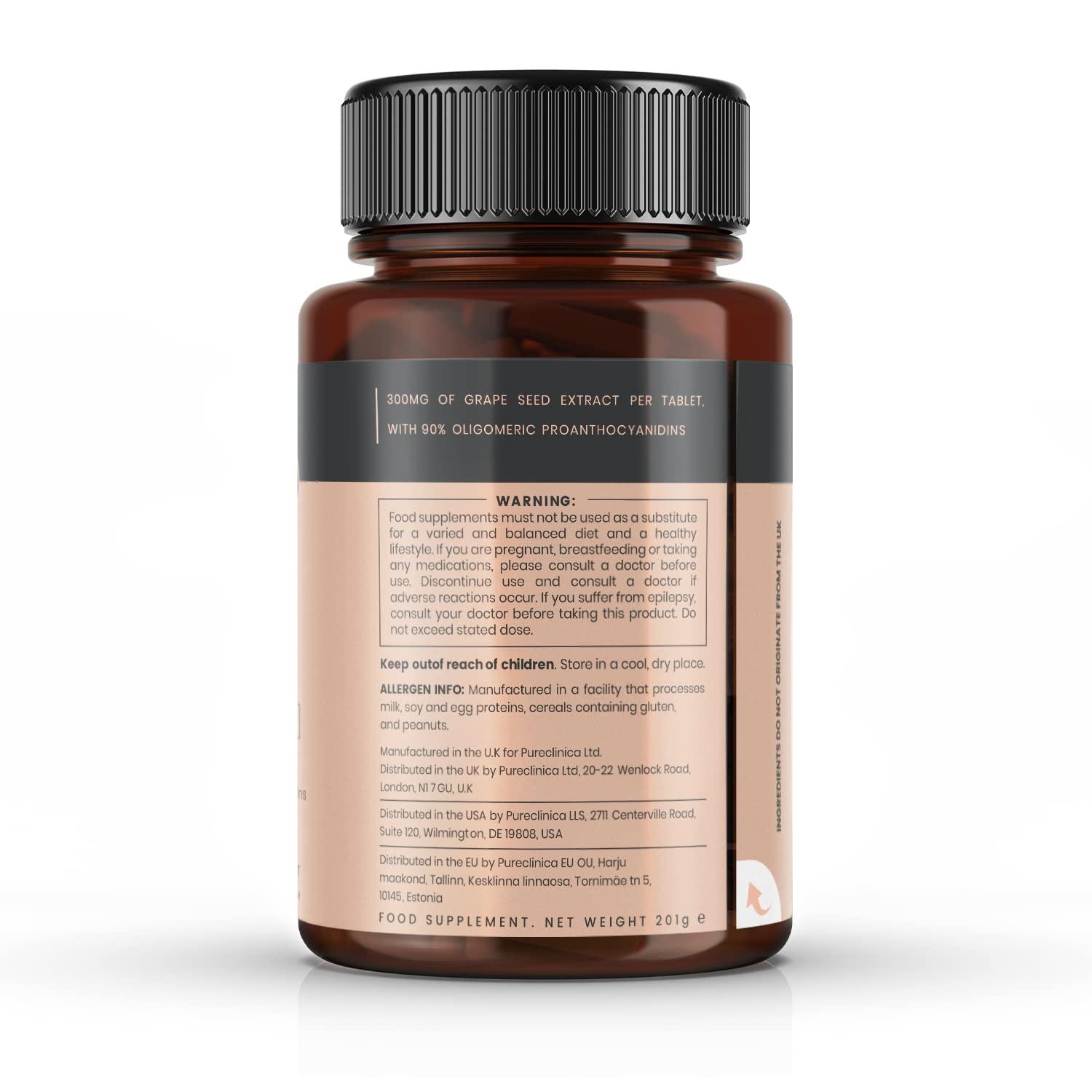 pureclinica pureclinica Grape Seed Extract 300mg x 180 Tablets - 90% Oligomeric Proanthocyanidins. 300% Stronger Than Regular Grape Seed.