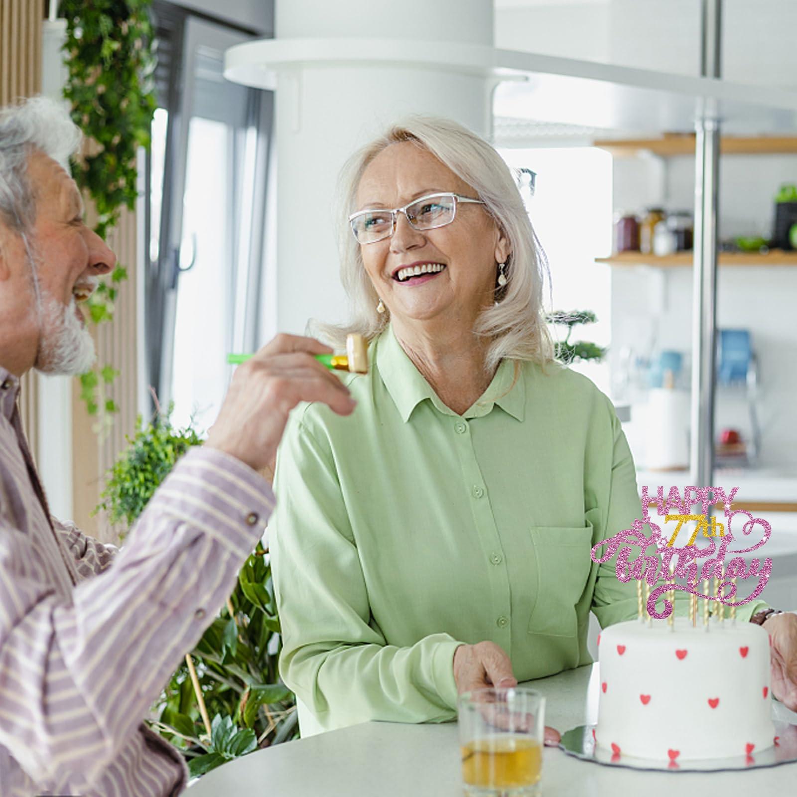 MINUET MINUTE Pink Glitter Happy 77th Birthday Cake Topper, Seventy Seven Years Old Birthday Party Cake Decor, Gold Number 77 Birthday Party Supplies Decorations for Man or Woman