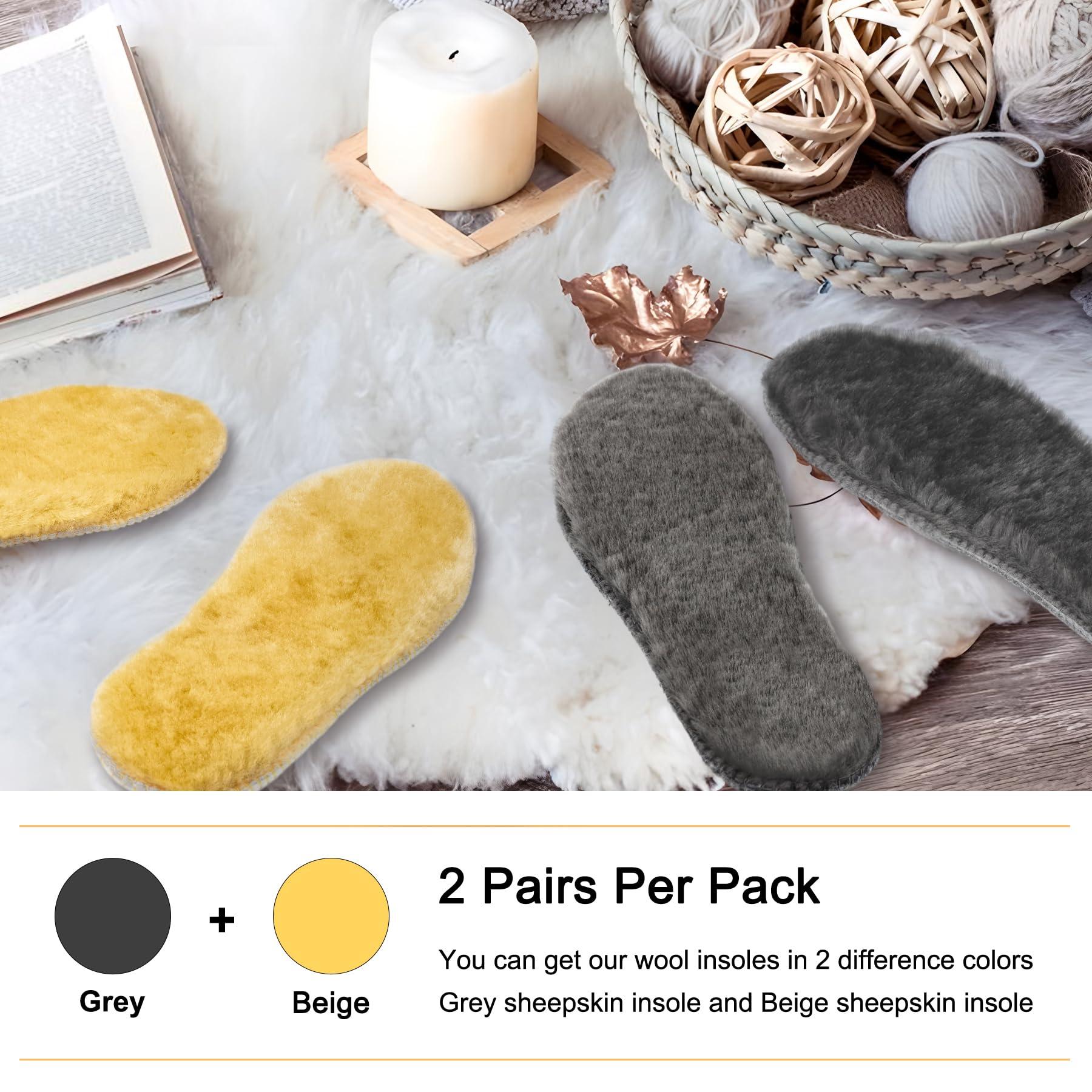 LARGERED LARGERED 2 Pairs Sheepskin Insoles 17MM Thick Winter Warm Wool Insole, Fluffy Fleece Inserts Lambswool Replacement Soles for Men and Women Boots Shoes Slippers Cream+Grey EU44/11US