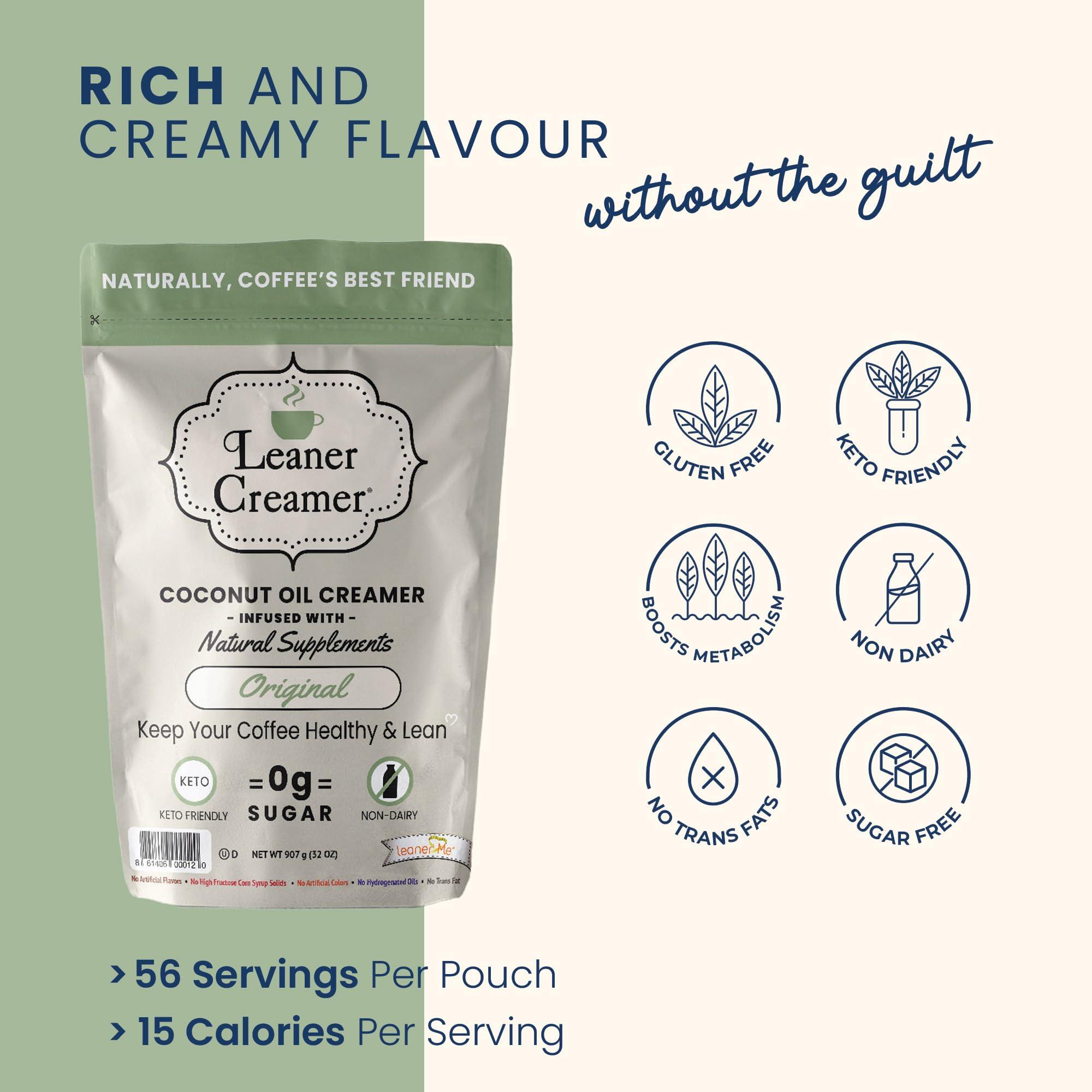 Leaner Creamer Leaner Creamer Natural Powdered Coffee Creamer, Coconut Oil Non-Dairy Powder to Naturally Cream and Sweeten Coffee for Smoothies, Vegan, Keto, Gluten-Free, Sugar-Free - Original Coffee Creamer - 32oz