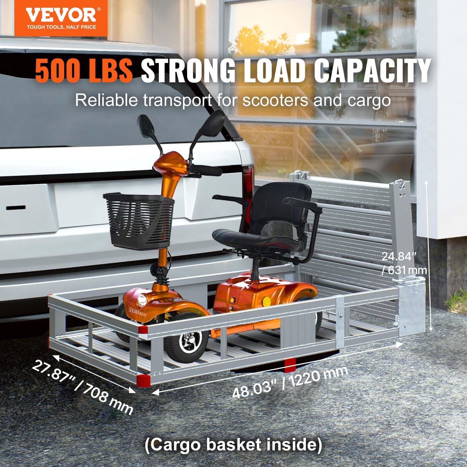 VEVOR VEVOR Hitch Mount Cargo Carrier, 500LBS Mobility Scooter Carrier with Folding Ramp, Aluminum Trailer Hitch Rack Basket & Stabilizer, Strap, Fits 2\" Hitch Receiver for Truck SUV Car, 47.2\" x 27.6\"