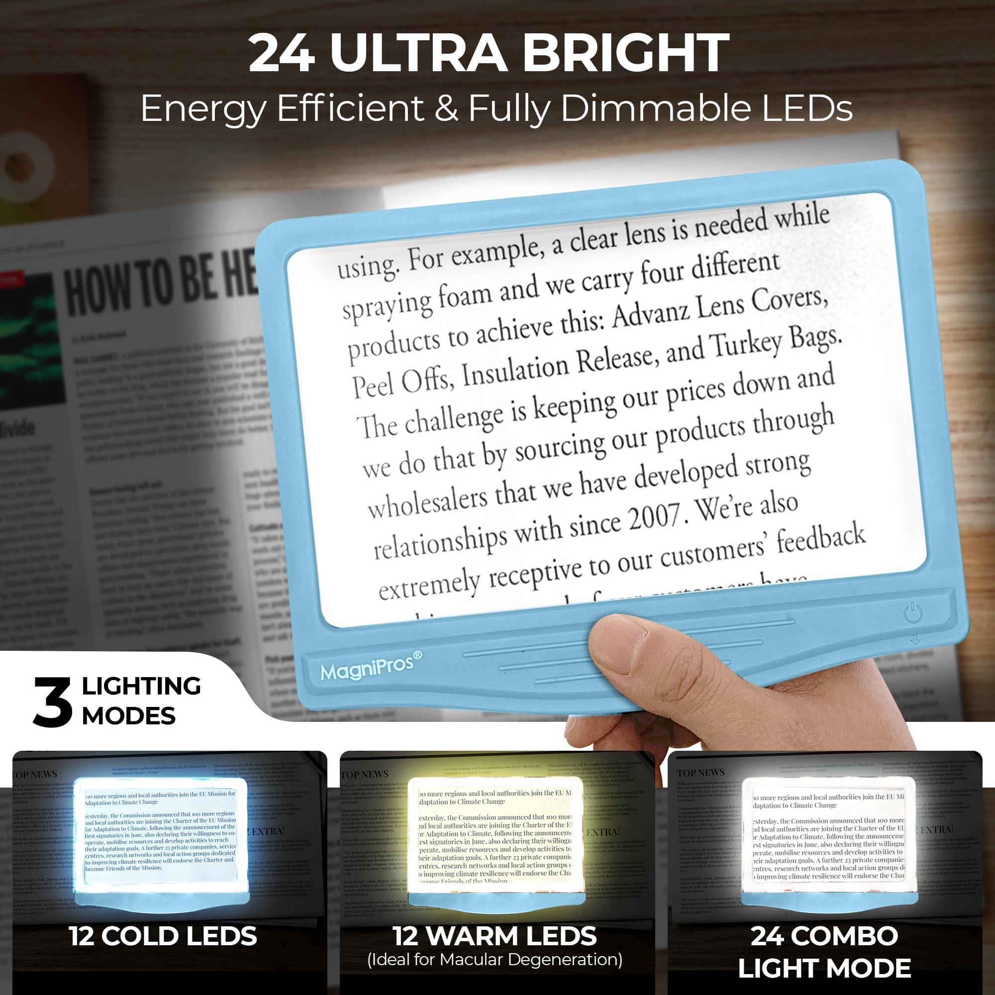 MagniPros See Things Differently MAGNIPROS 5X Large LED Hands-Free Full Page Magnifying Glass with Detachable Stand & 3 Stepless Color Modes to Reduce Eye Strain, Ideal for Reading Small Prints, Crafting, Low Vision & Seniors