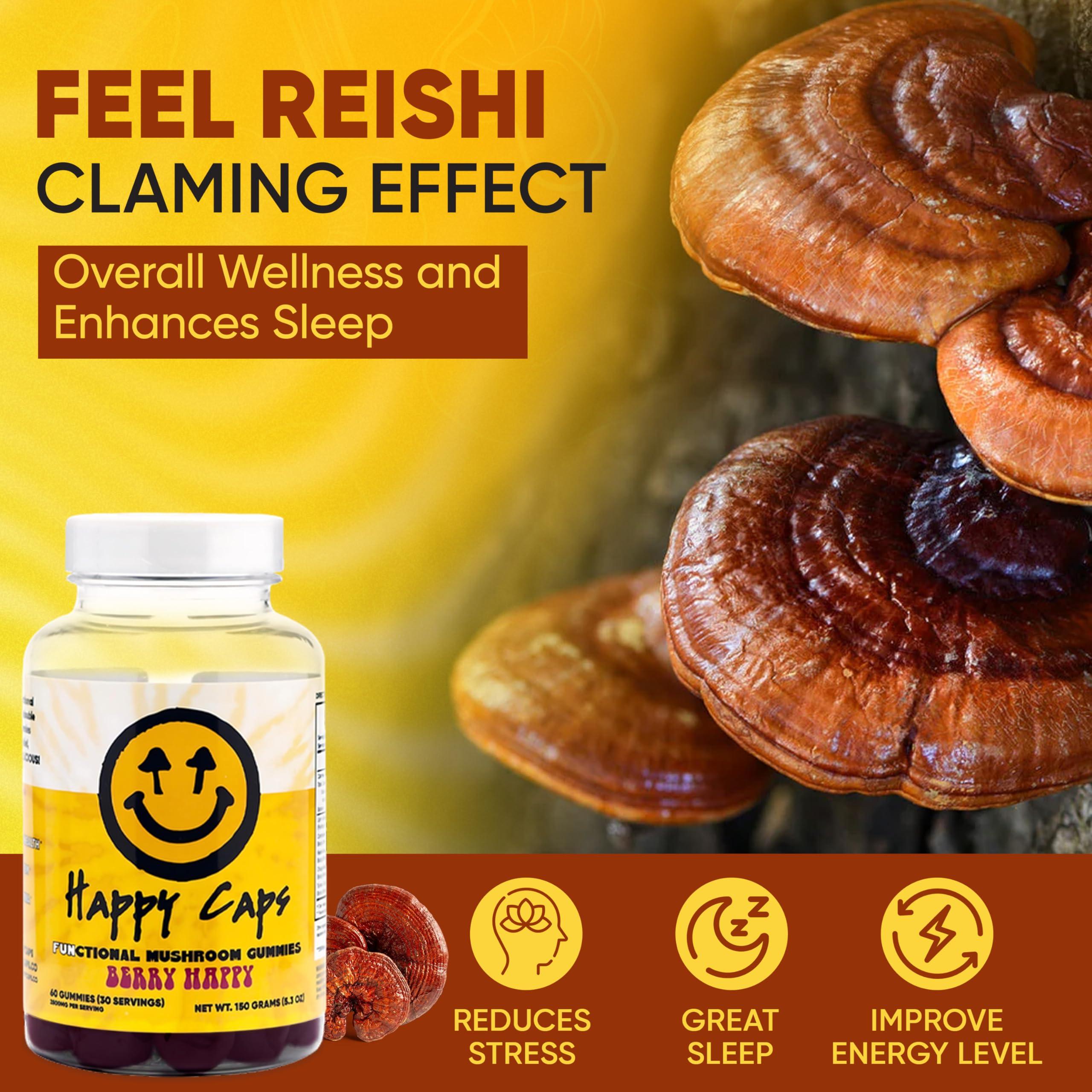 Happy Caps Happy Caps Functional Mushroom Gummies - Lions Mane, Cordyceps, Chaga, Reishi - Immune System Booster & Nootropic Brain Supplement - 60 Gummies (1)