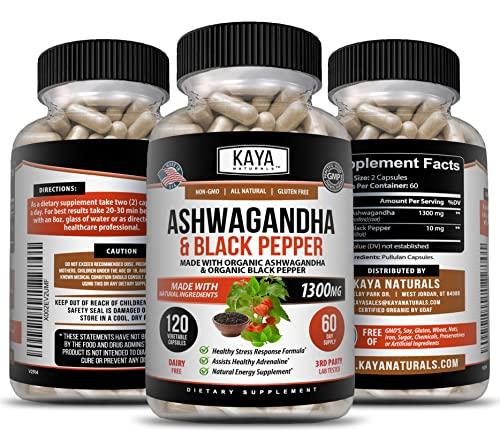 Kaya Naturals Kaya Naturals Organic Ashwagandha 1300mg, 120 Count Capsules for Stress Relief, Adrenal, Mood & Thyroid Support, Black Pepper and 100% Pure Ashwagandha -120 Capsules
