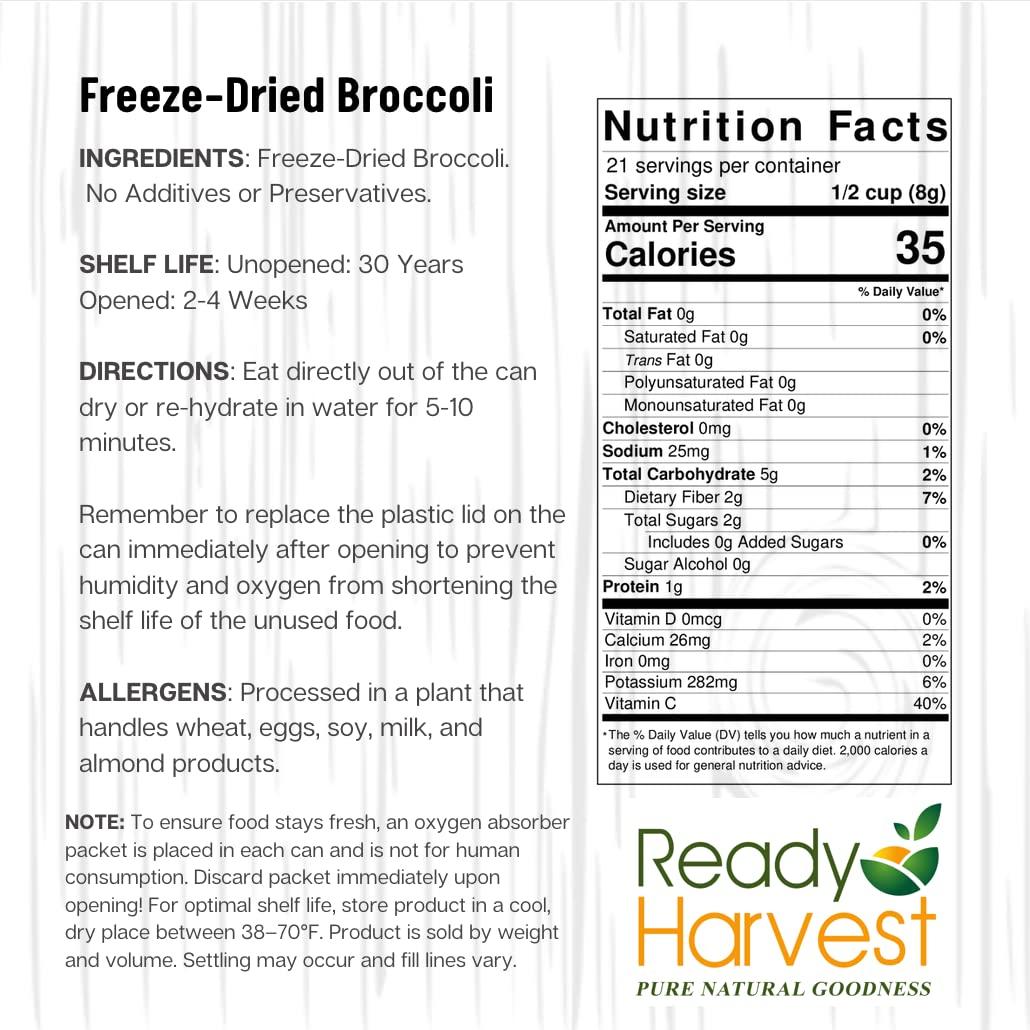Ready Harvest Ready Harvest Freeze-Dried Broccoli Florets Freeze-Dried Food Pantry Staples Survival Food Emergency Food Canned Vegetables Long-Term Food Supply Survival Food 25-Year Shelf Life #10 Can 5.9oz