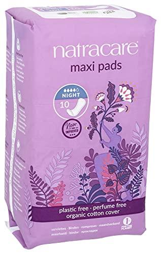 NATRACARE Natracare Natural Traditional Style Night Time Maxi Pads, Individually Wrapped, Without Wings in Plant-Based Bag (1 Pack, 10 Pads Total)