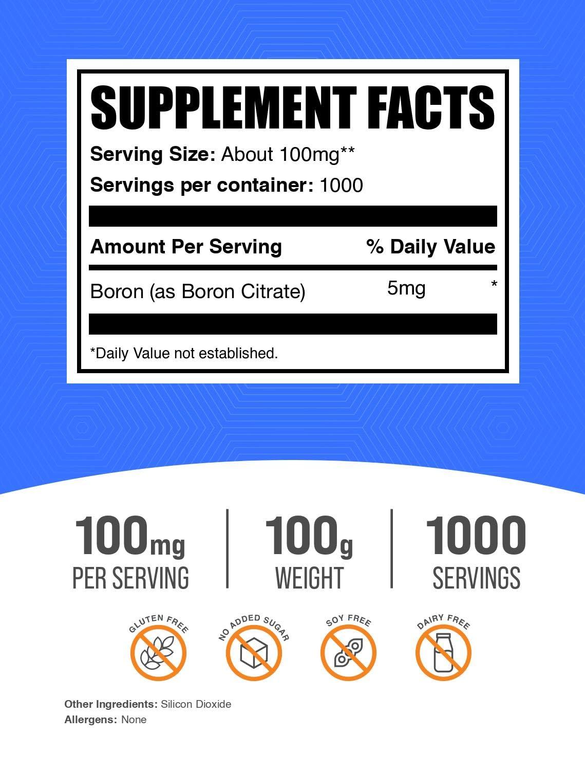 BULKSUPPLEMENTS.COM BulkSupplements.com Boron Citrate Powder - Boron 5mg, Boron Supplement for Men & Women, Food Grade Boron - for Bones & Joints Support, 100mg per Serving, 100g (3.5 oz) (Pack of 1)