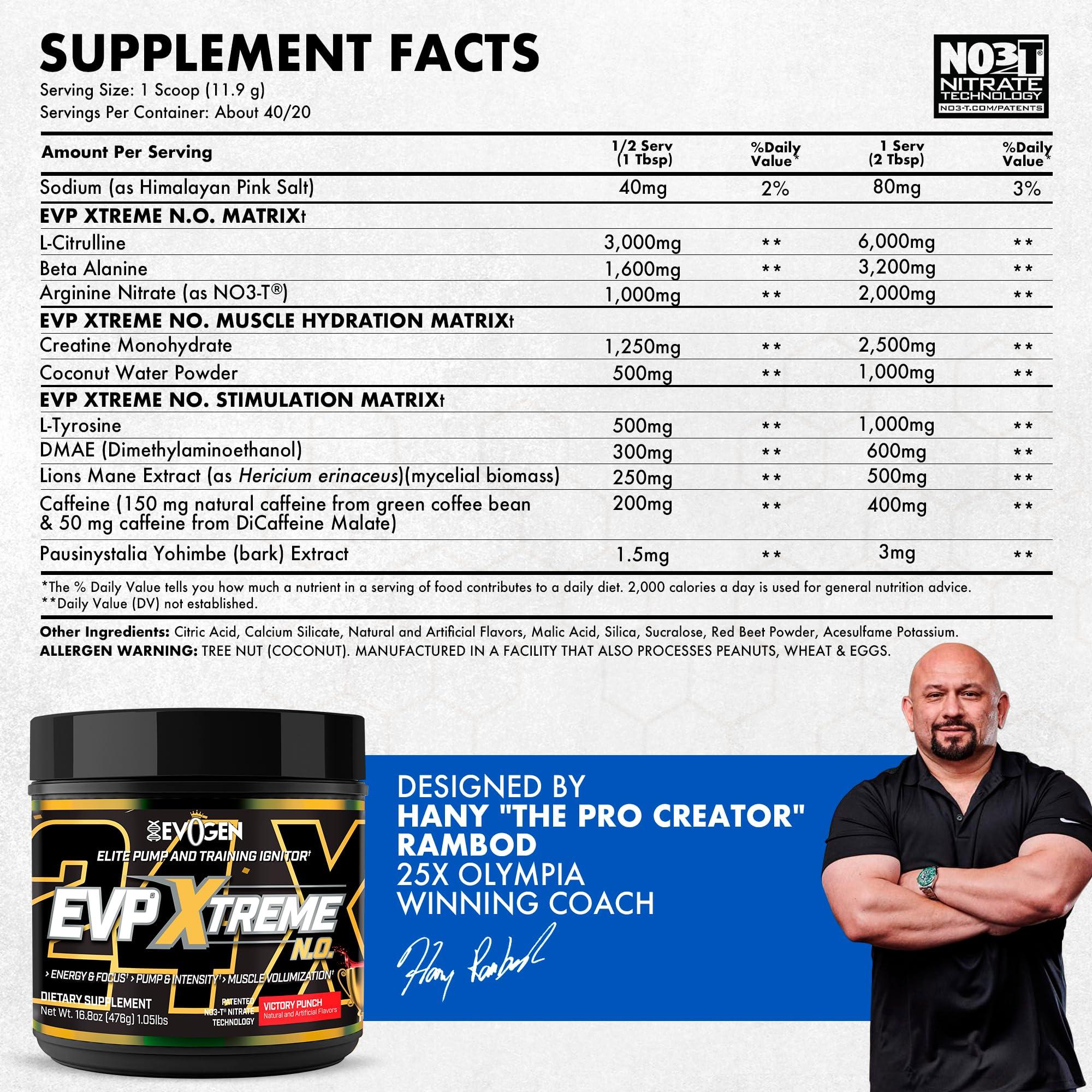 Evogen Evogen EVP Xtreme NO - Pre Workout Powder for Men & Women | Sugar Free Preworkout with Beta Alanine, Creatine, and Caffeine for Energy & Pump | Victory Punch | 40 Servings