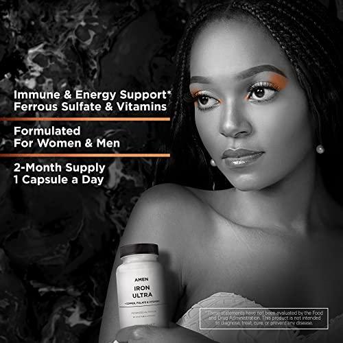 Amen Amen Iron Ultra Supplement + Copper, Folate, Vitamin C and Vitamin B12-2-Month Supply - Ferrous Sulfate Iron Vitamin - Iron 65mg Per Serving - Iron Folic Acid - Non-GMO Iron Pills - 60 Capsules