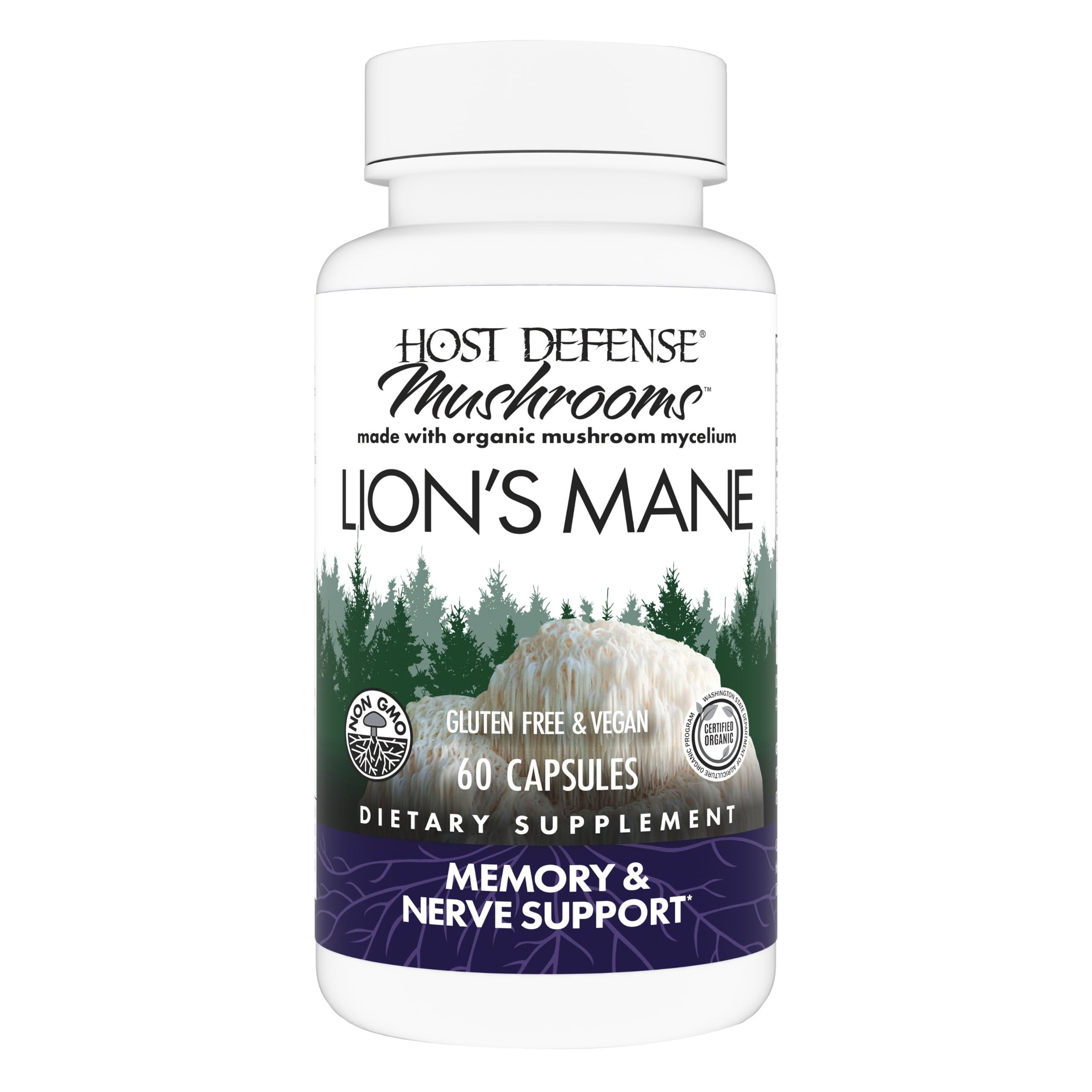 Host Defense Host Defense Mushrooms Lion's Mane - Supplement Capsules for Brain Health Support - Mushroom Support for Focus & Memory Function - Immune & Nervous System Supplement - 60 Capsules (30 Servings)*
