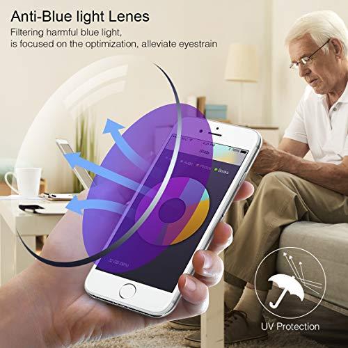 MIRYEA Rimless Bifocal Reading Glasses Spring Hinge Photochromic Sun Readers Transition Shades Computer Blue Light Blocking Sunglasses UV400 Protection Anti Glare Eyewear Gaming Eyeglasses for Men and Women