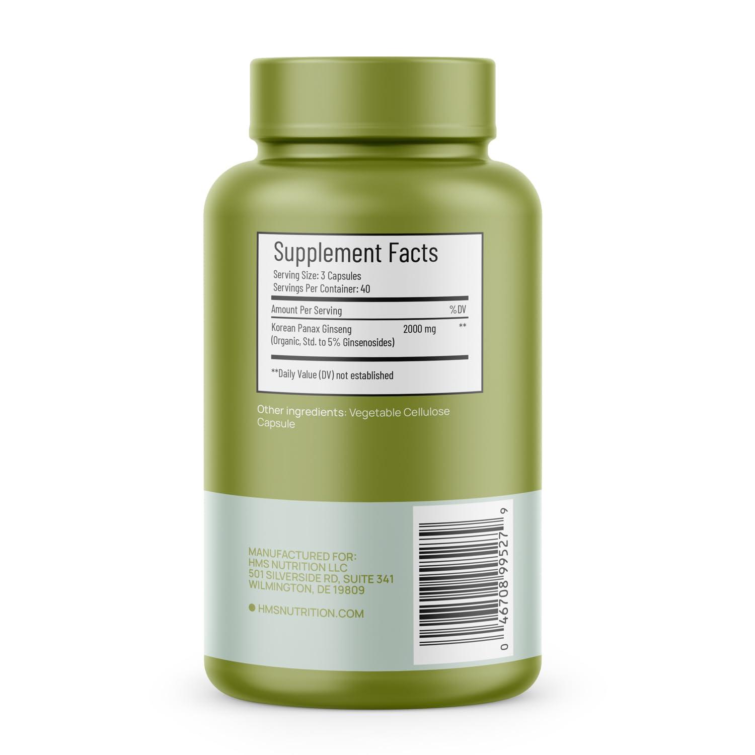 HMS Nutrition Korean Red Panax Ginseng 2000mg 120 Vegan Capsules Super Strength Extract - High Ginsenosides Supports Energy, Stamina, Performance and Mental Health