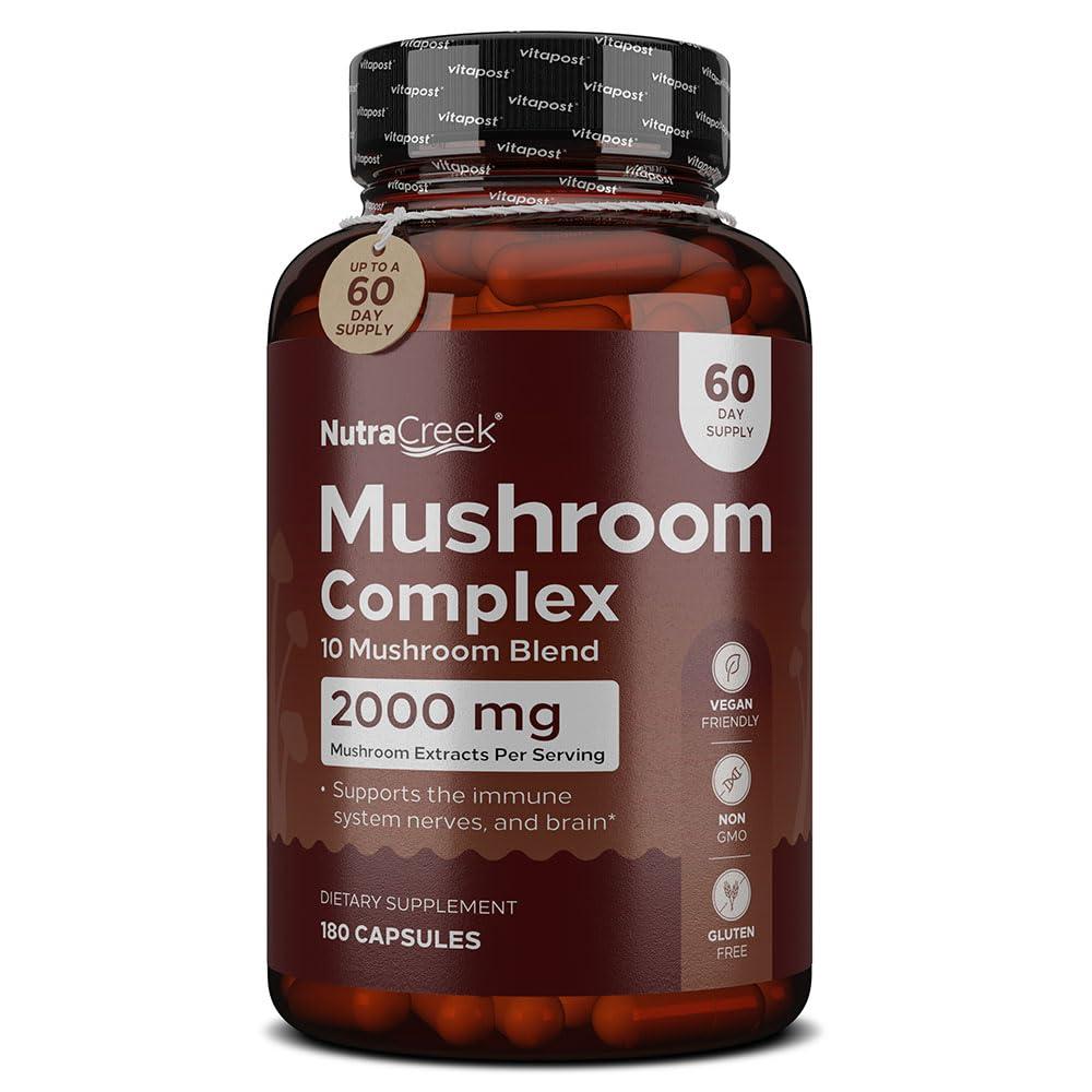 NutraCreek NutraCreek Mushroom Complex | Cordyceps Mushroom, Reishi, Shiitake, Maitake and Lions Mane Supplement. A 10-Mushroom Supplement to Support Your Mind and Body | 60 Mushroom Capsules